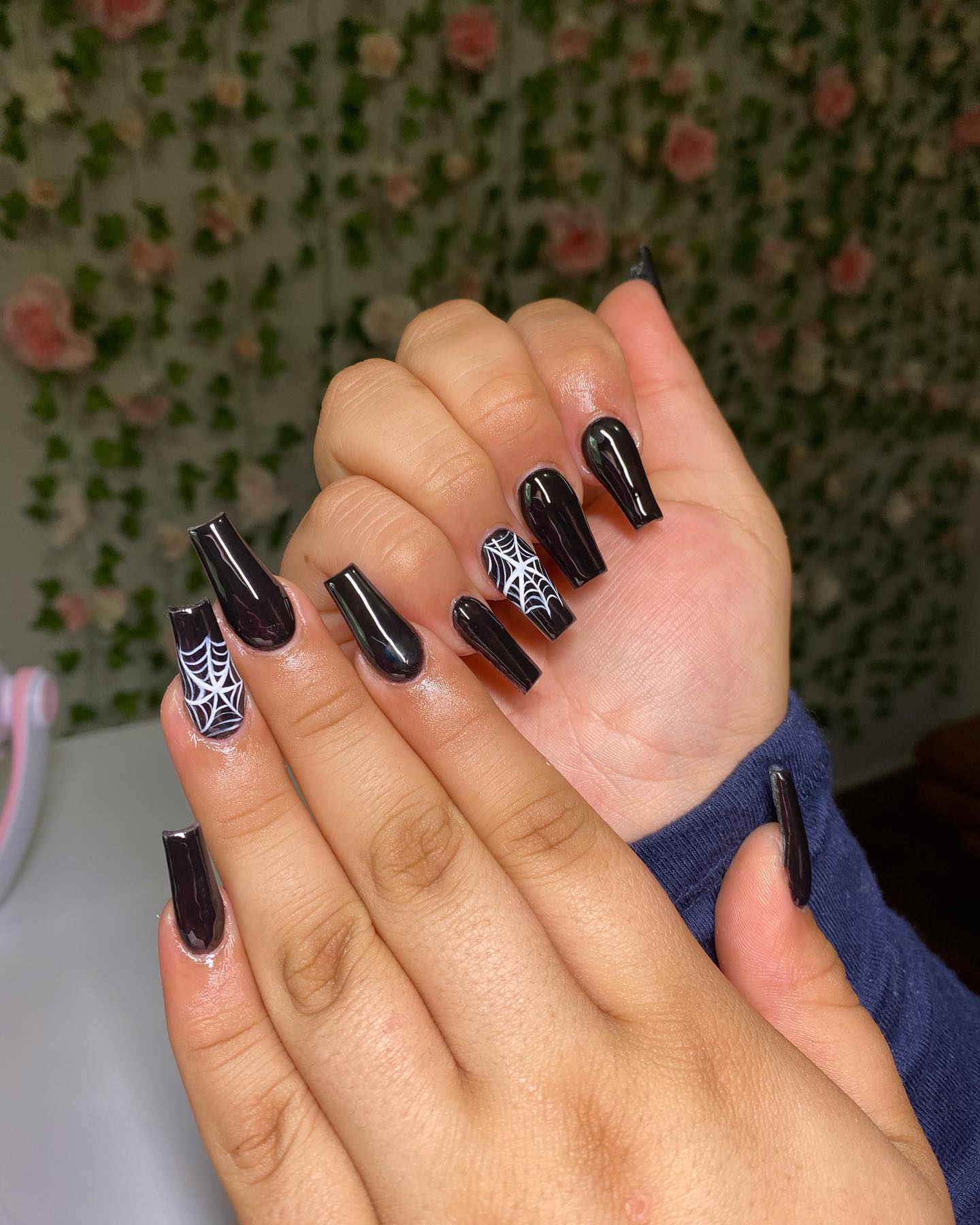 Glossy Black Spiderweb Coffin Nails