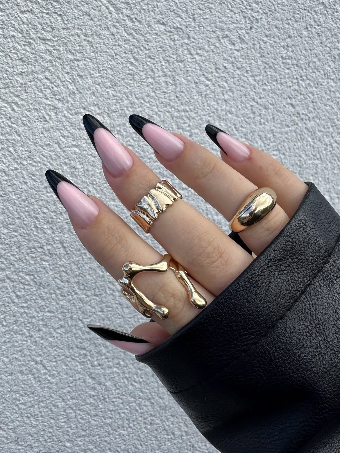 Glossy Black Tip Almond French Nails