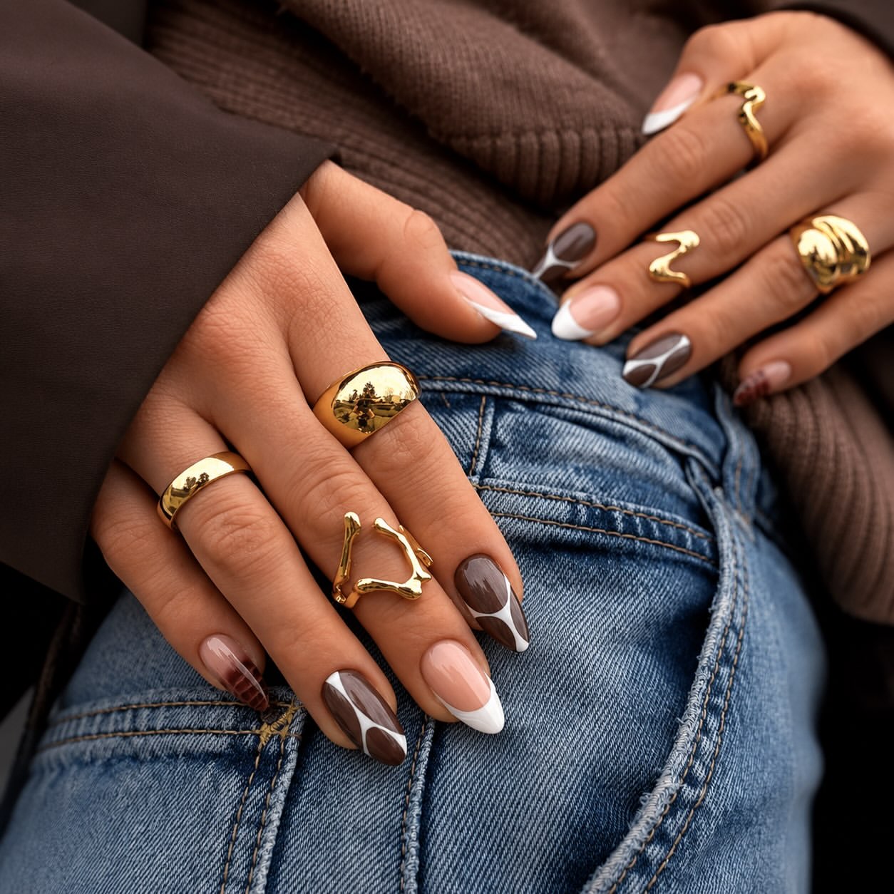 Glossy Chocolate Brown Swirl Almond French Tips