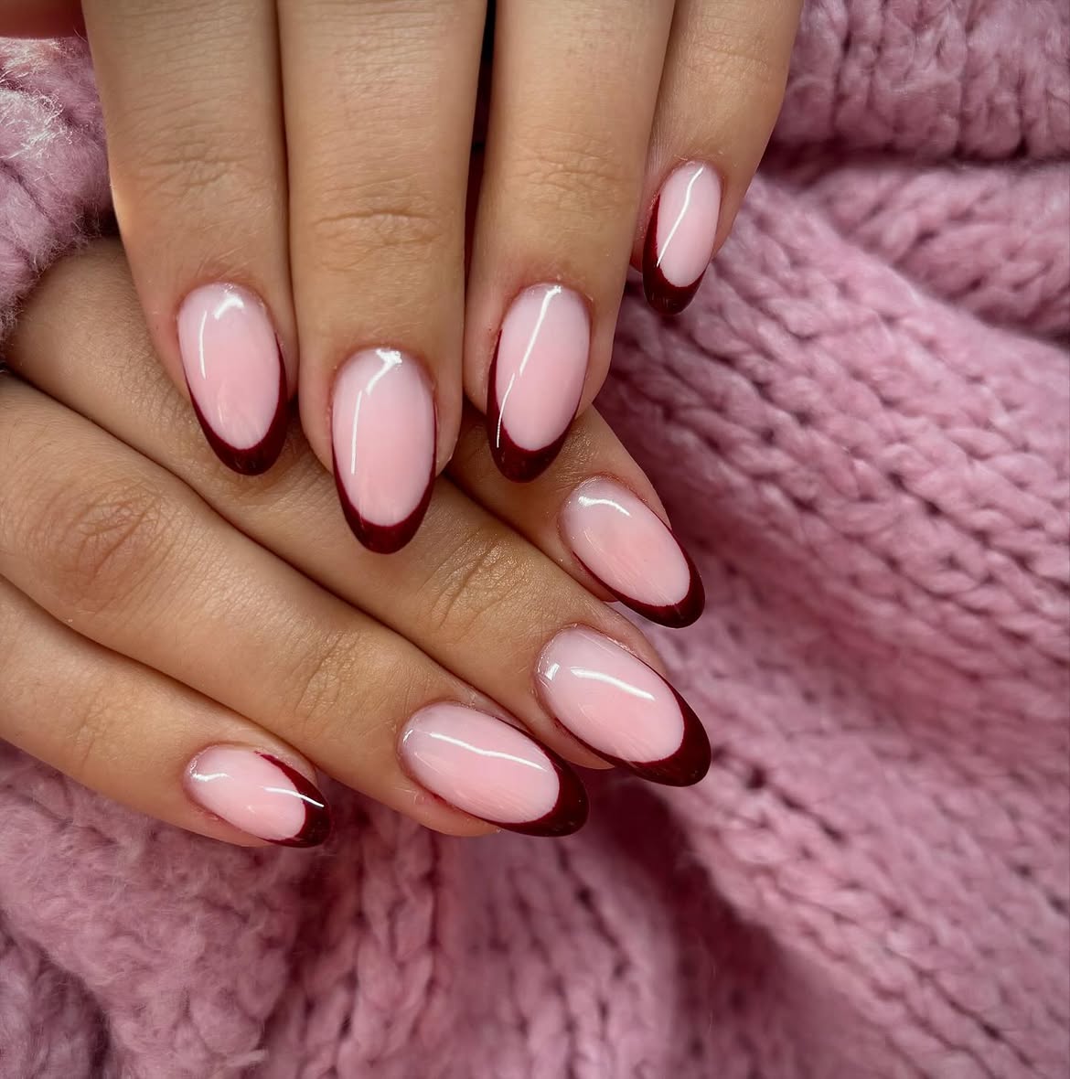 Glossy Deep Burgundy French Tip Almond Nails