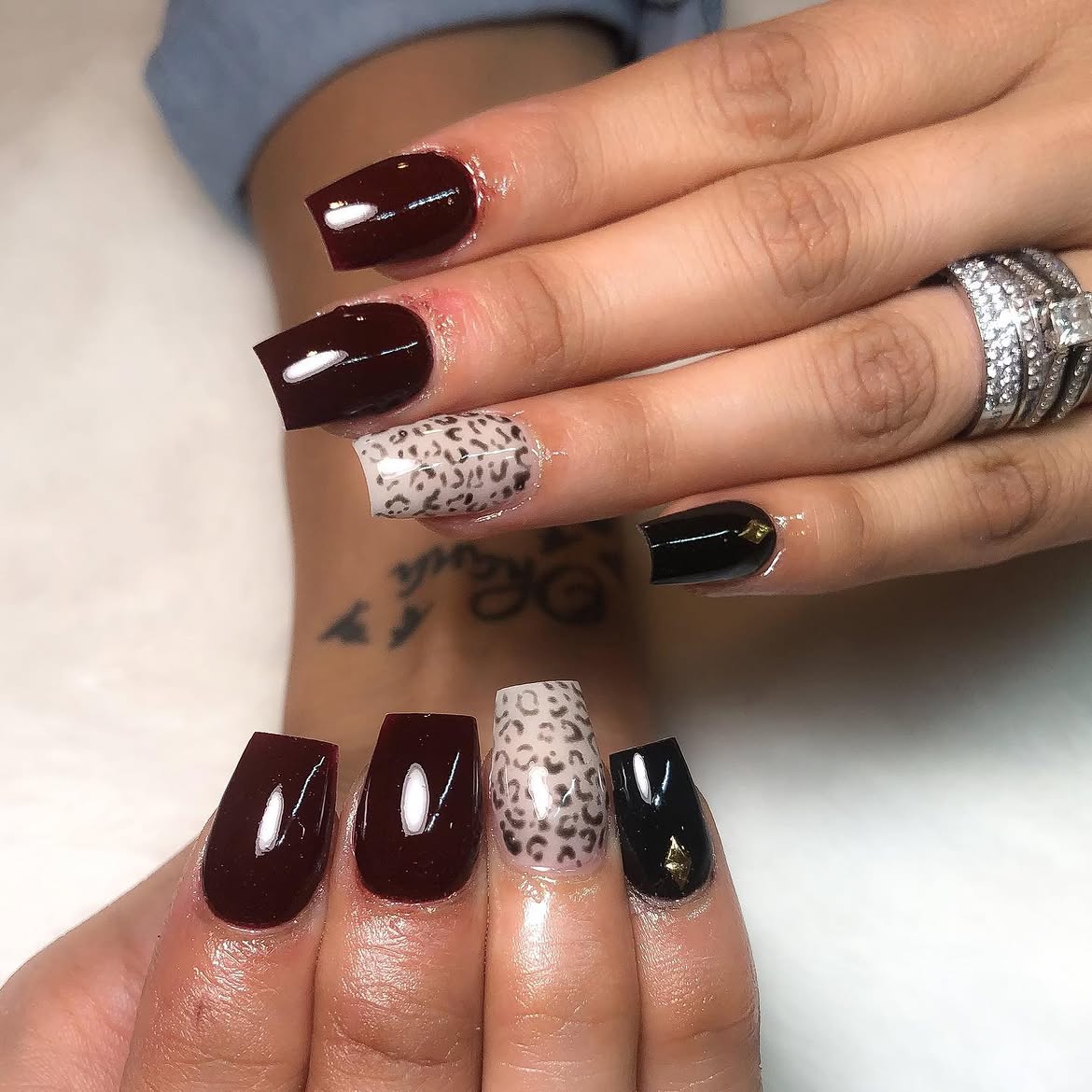 Glossy Deep Red & Cheetah Print Coffin Nails