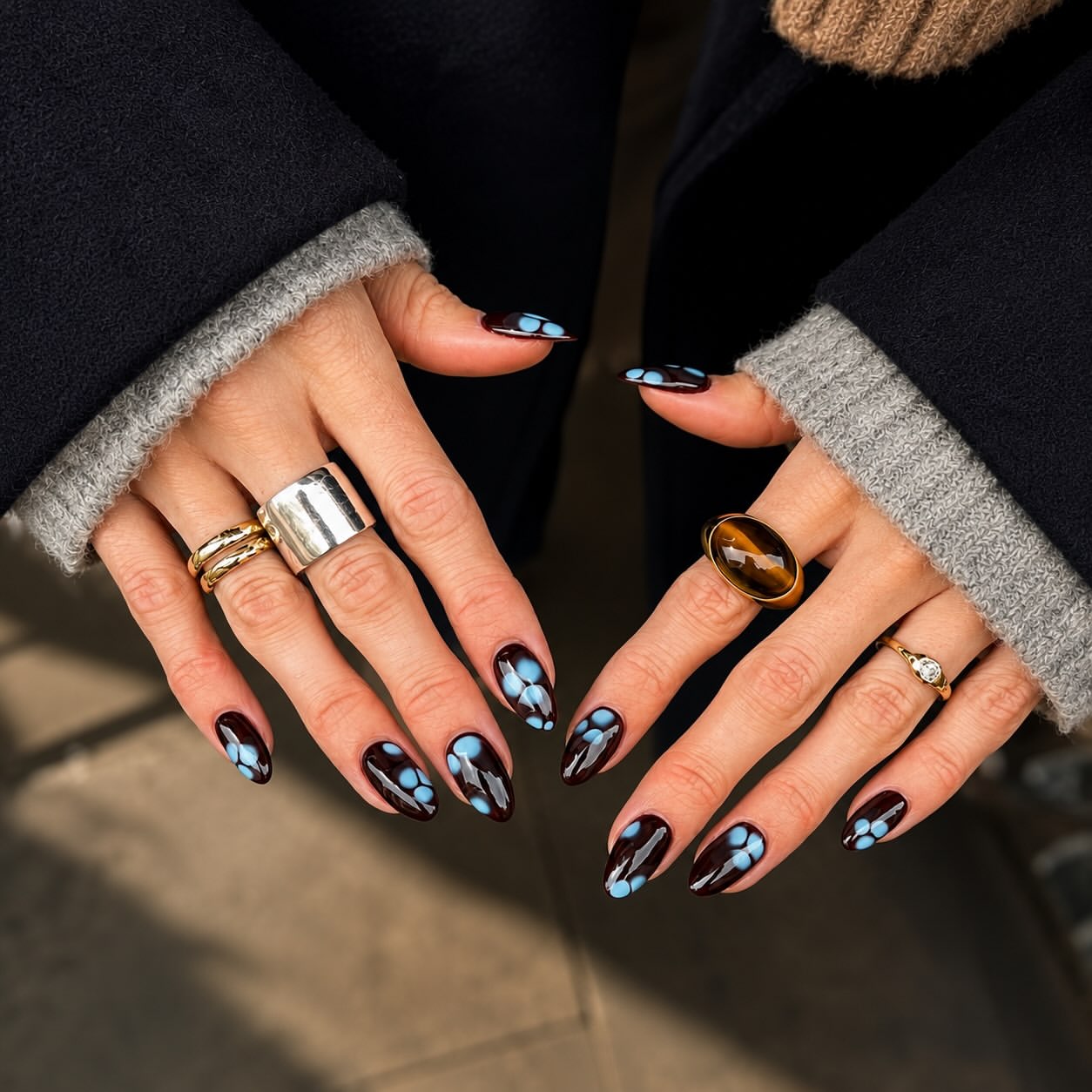Glossy Espresso Base With Baby Blue Flower Accents