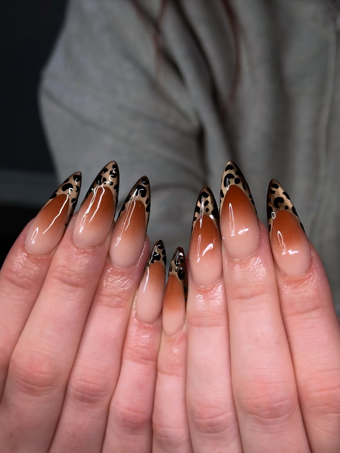Glossy Leopard French Ombre Stiletto Nails