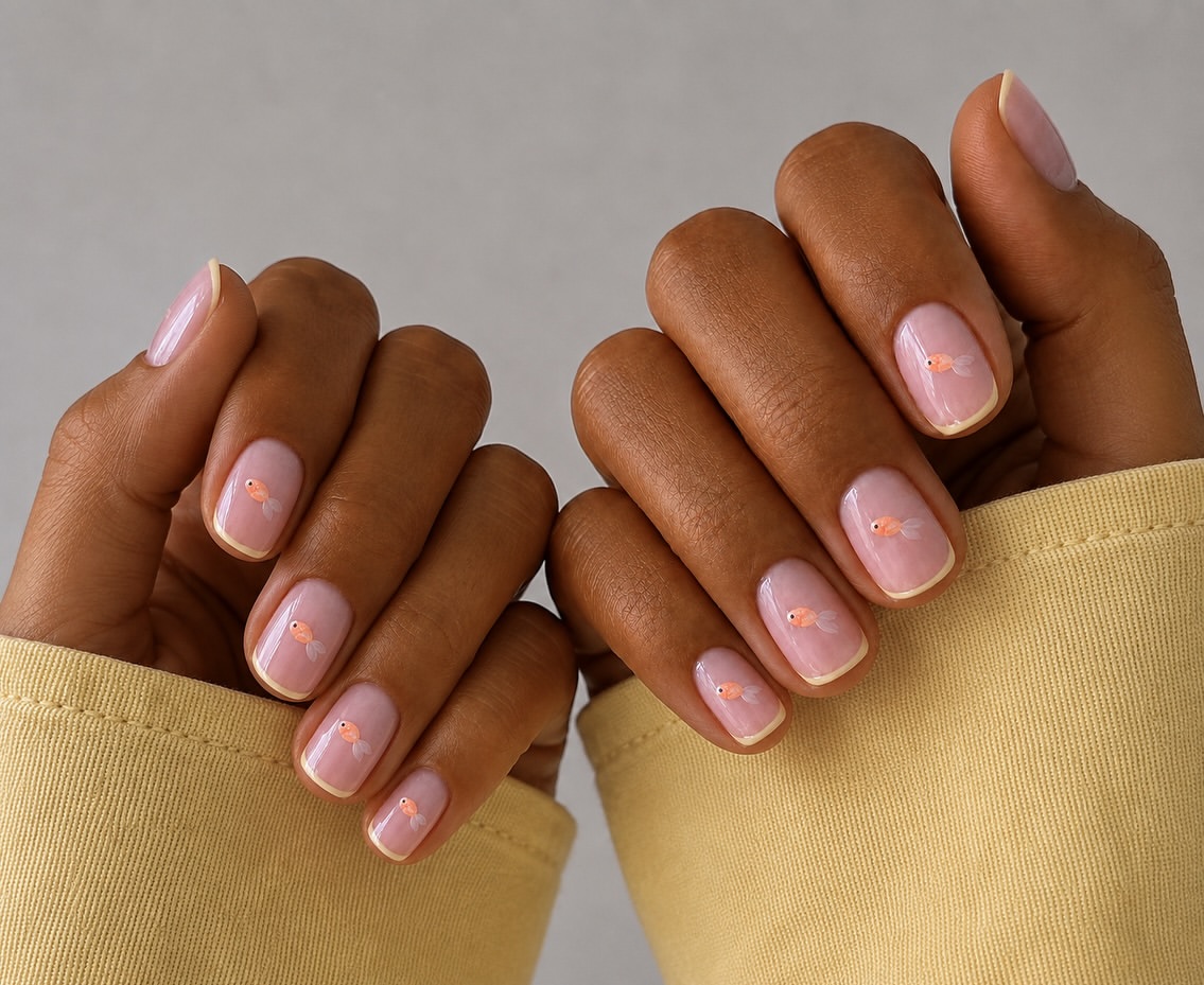Glossy Nude Nails With Tiny Goldfish Accents