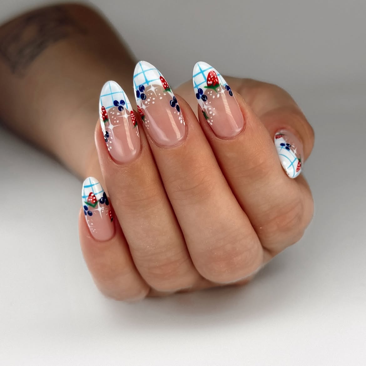 Glossy Picnic Inspired Berry Patch Almond Nails