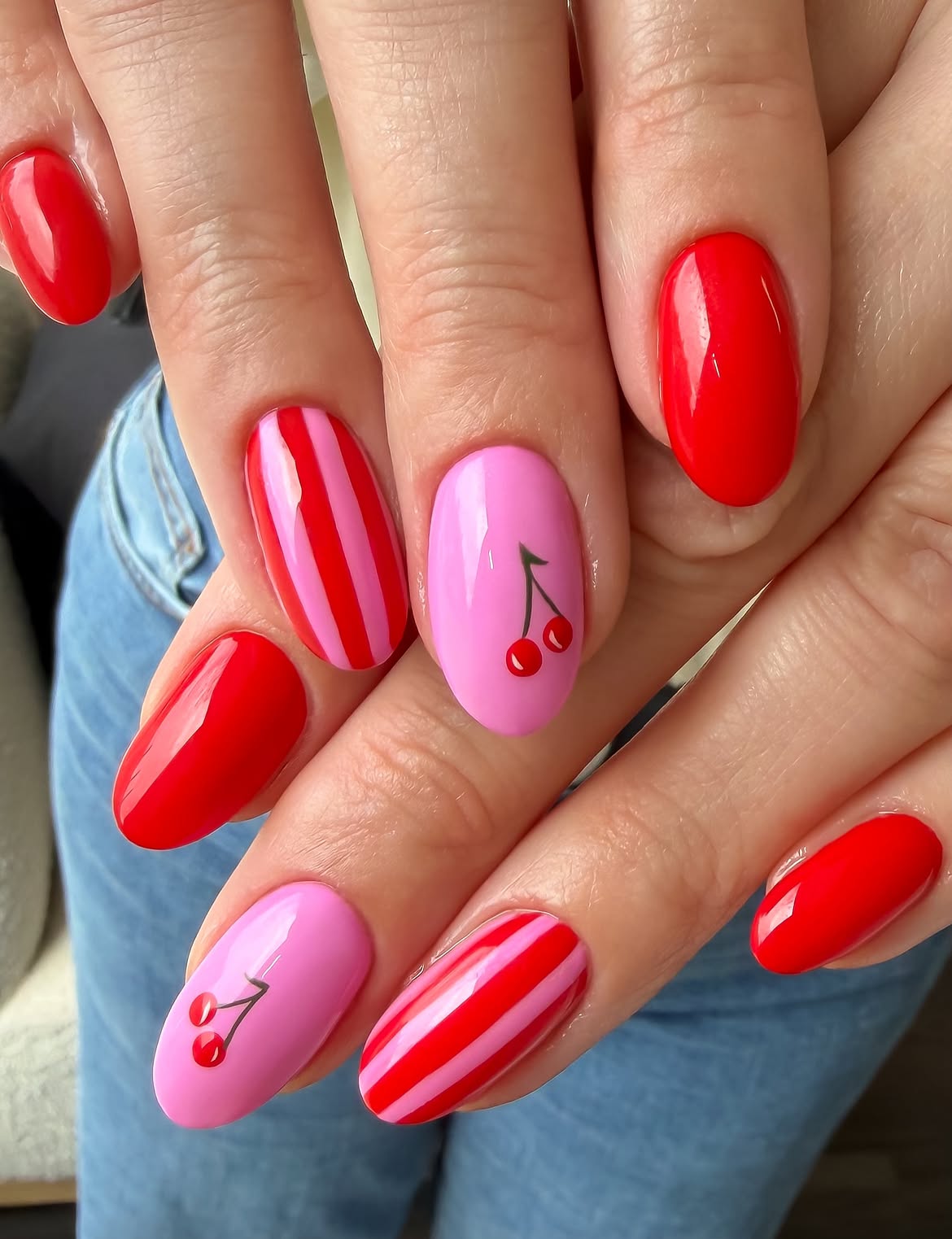 Glossy Red and Pink Cherry Motif Nails
