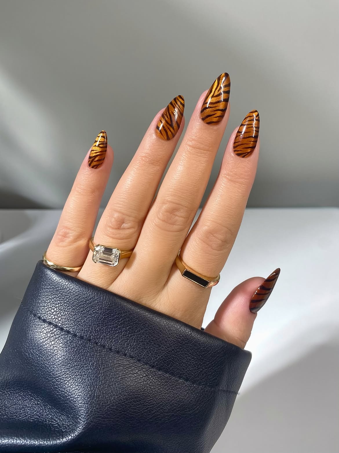 Glossy Tiger Stripe Stiletto Nails