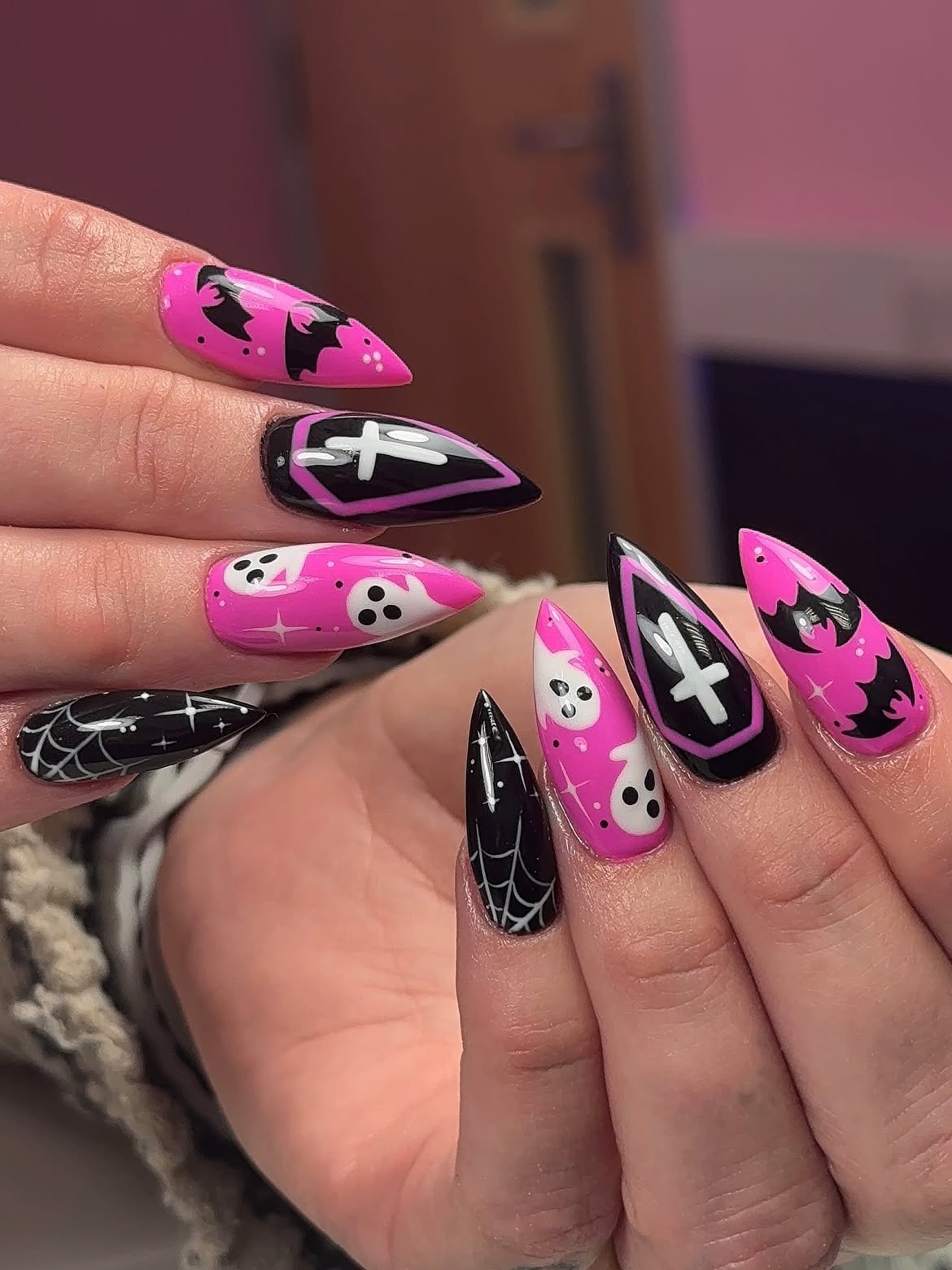 Glow-in-the-Dark Pink Halloween Coffin Nails