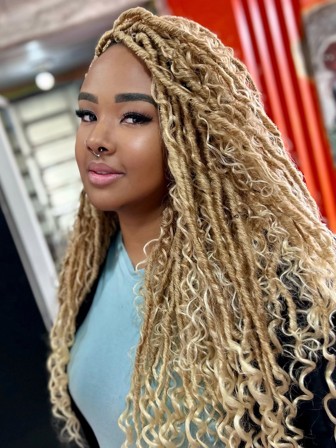 Golden Blonde Boho Faux Locs With Curly Ends