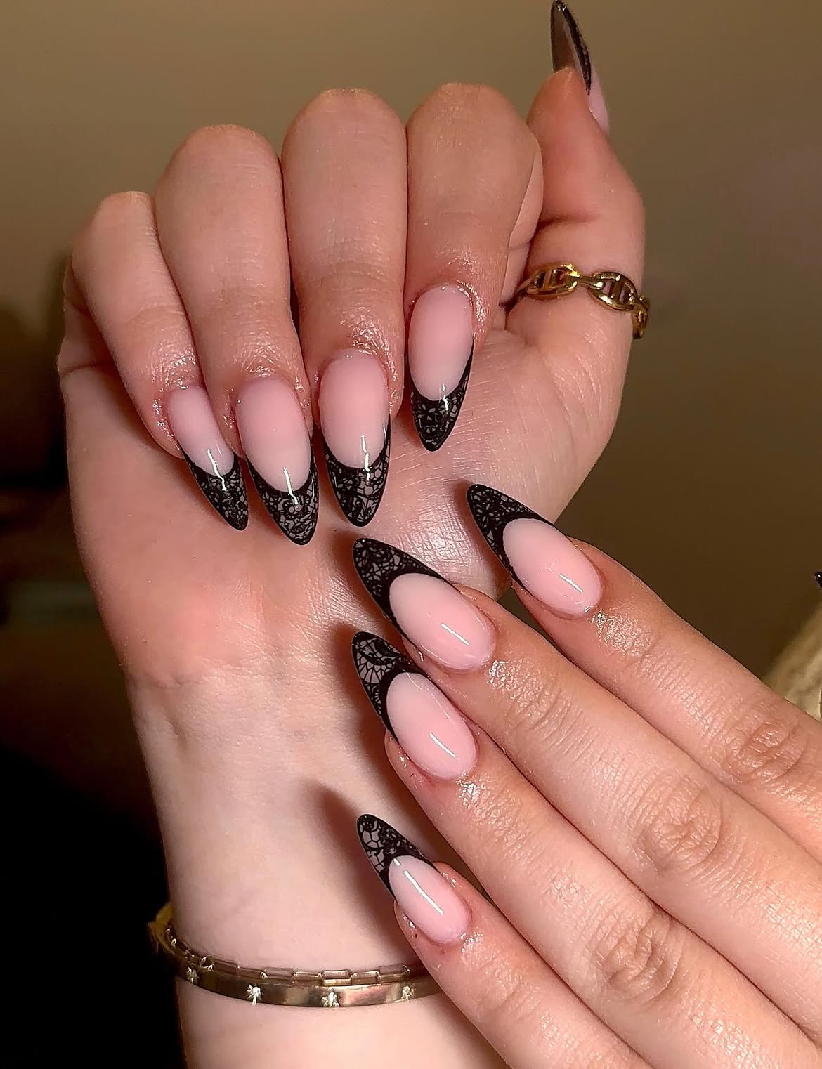 Gothic Lace French Tip Almond Nails