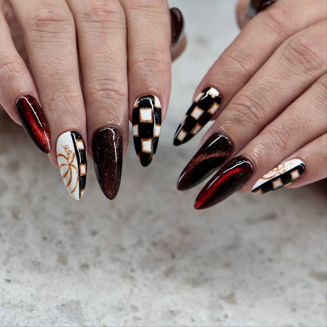 Gothic Plaid and Cat Eye Almond Nails