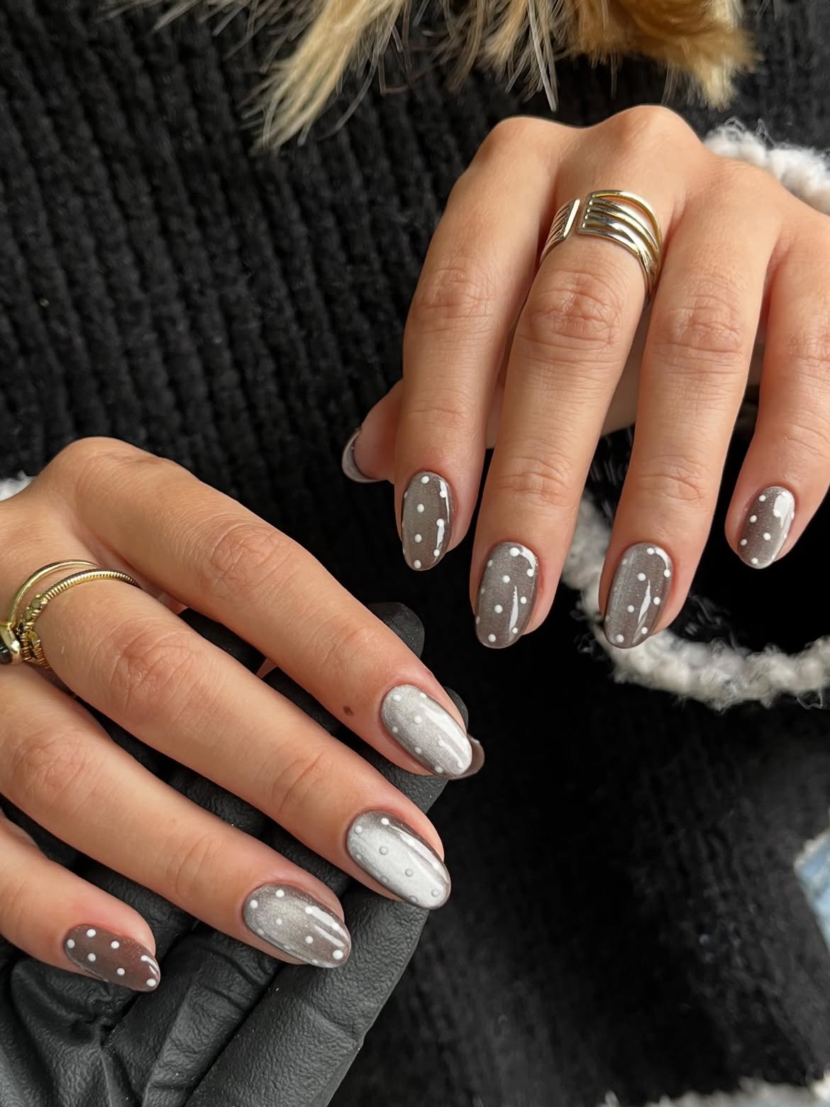Grey Cat Eye Polka Dot Oval Nails