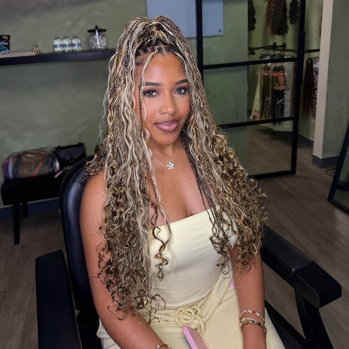 Half Up Boho Braided Curls With Blonde Highlights