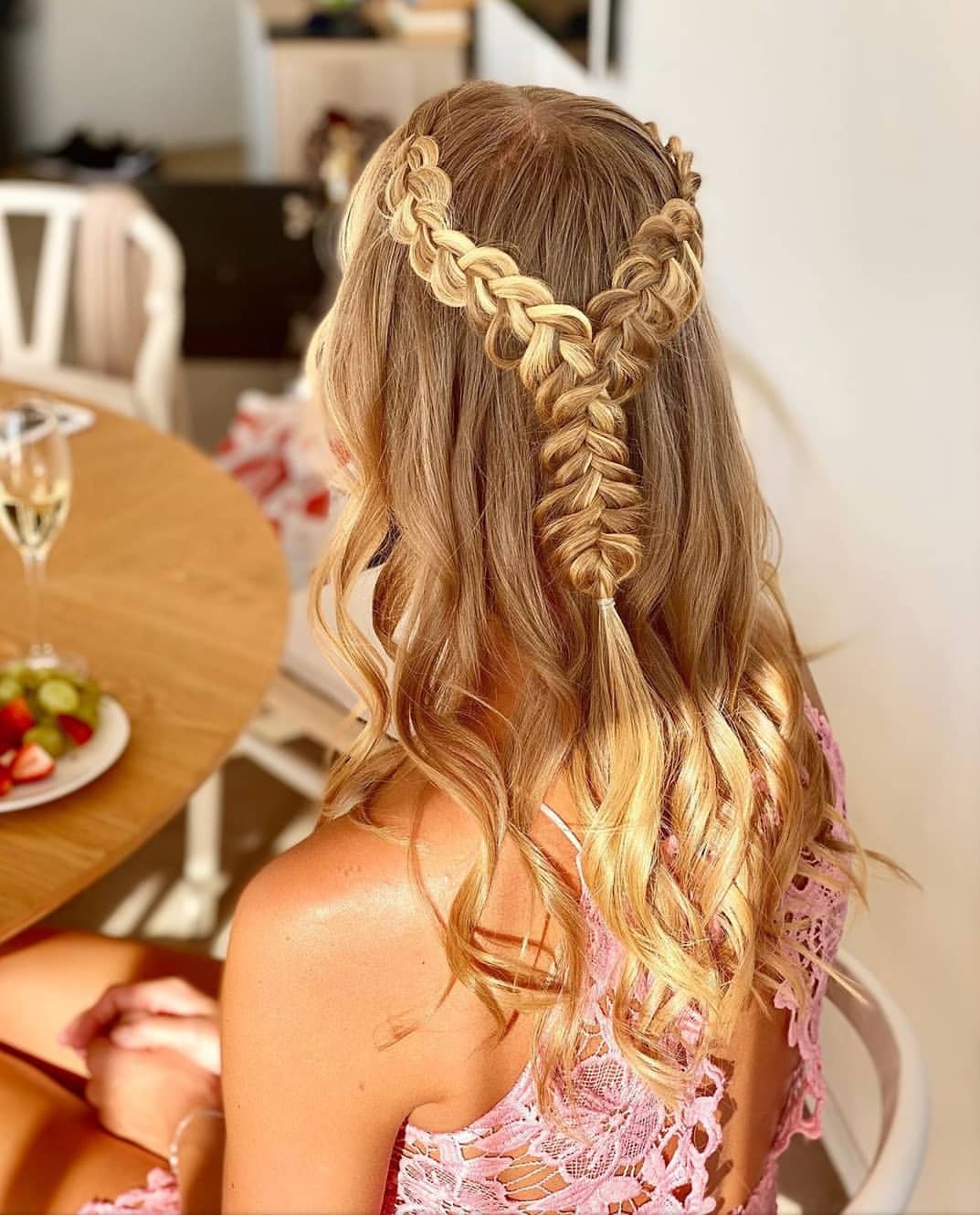 Half Up Braided Crown On Honey Blonde Waves