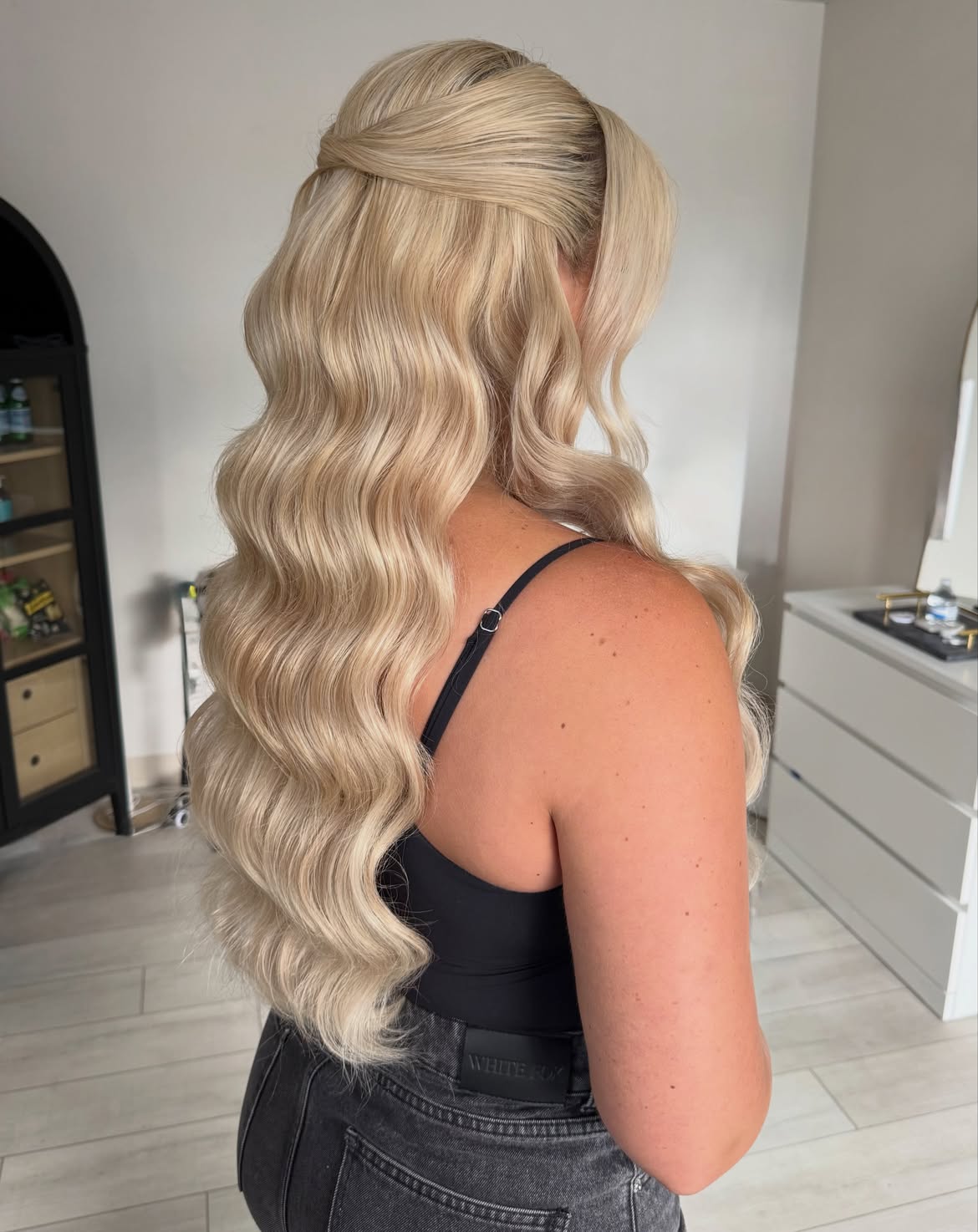 Half Up Hollywood Waves On Bright Platinum Blonde