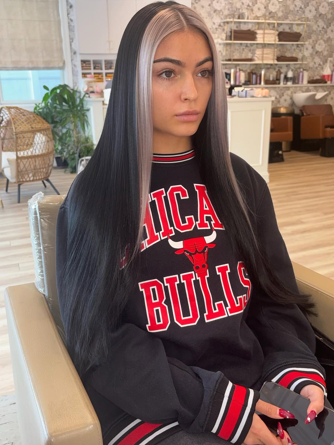 High Contrast Money Piece On Sleek Jet Black Hair