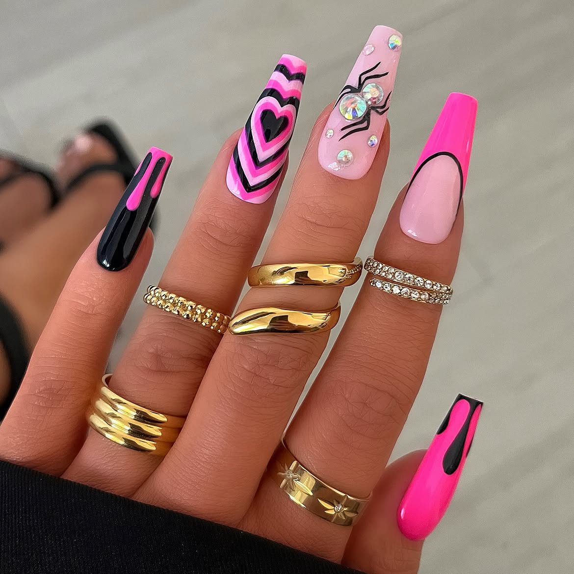 Hot Pink and Black Dripping Flame Coffin Nails