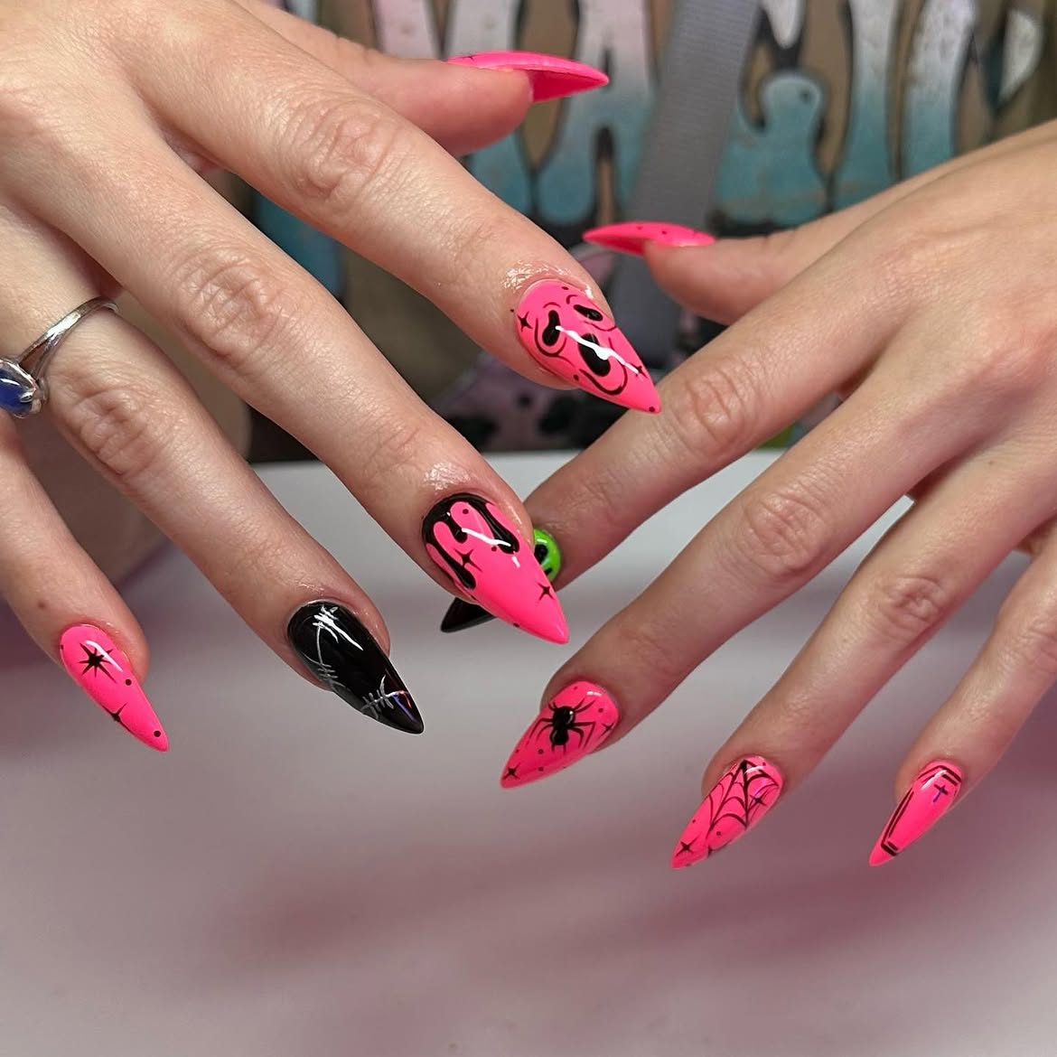 Hot Pink Gothic Halloween Stiletto Nails