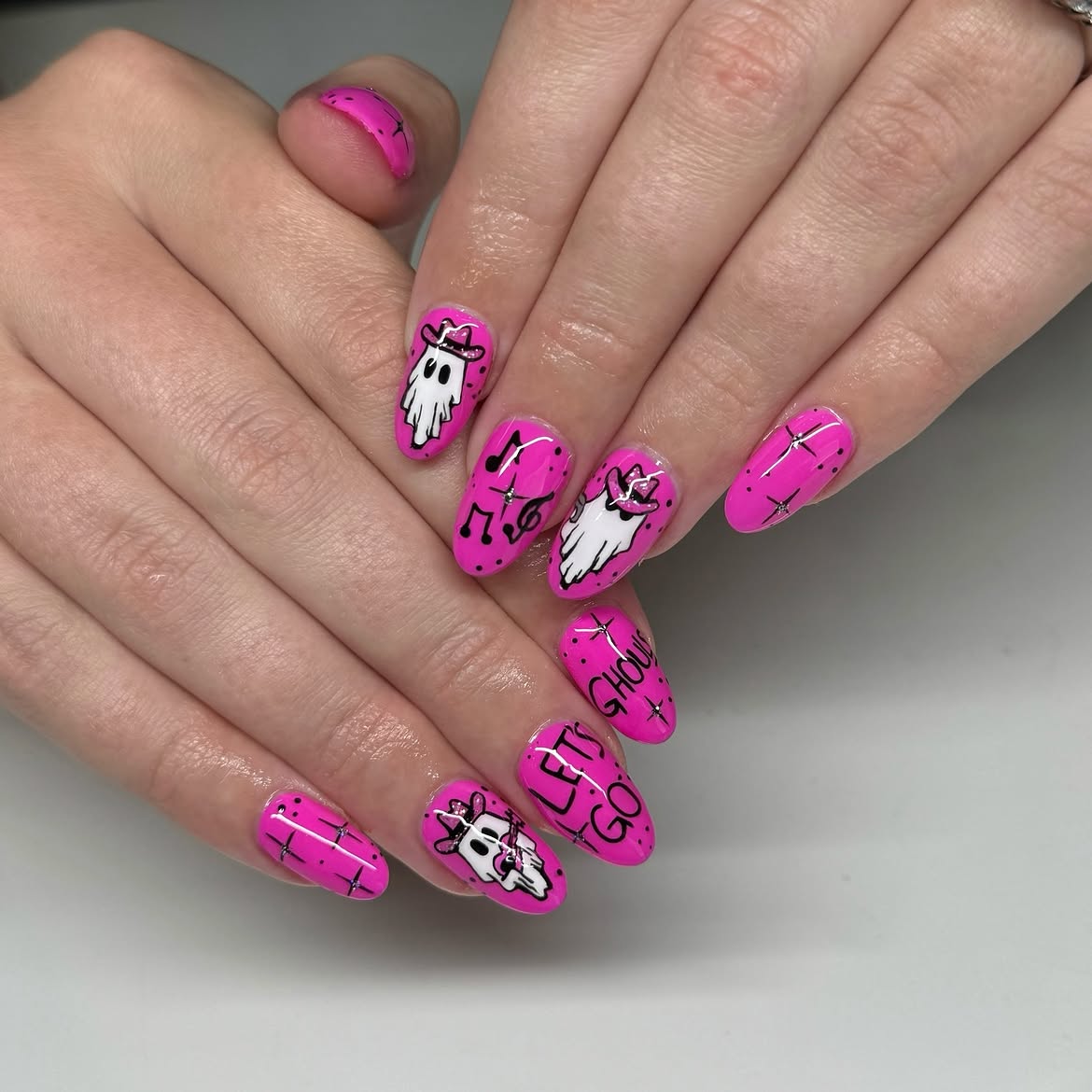 Hot Pink Halloween Ghost Cowboy Nails
