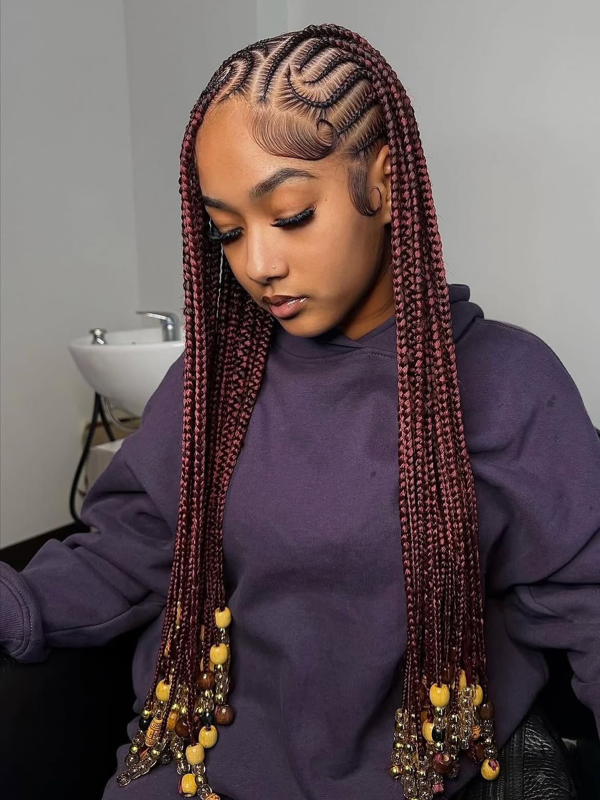 Intricate Cornrows With Burgundy Box Braids & Beads