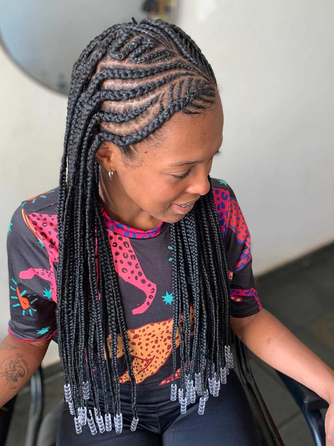 Intricate Geometric Feed In Braids With Clear Beads