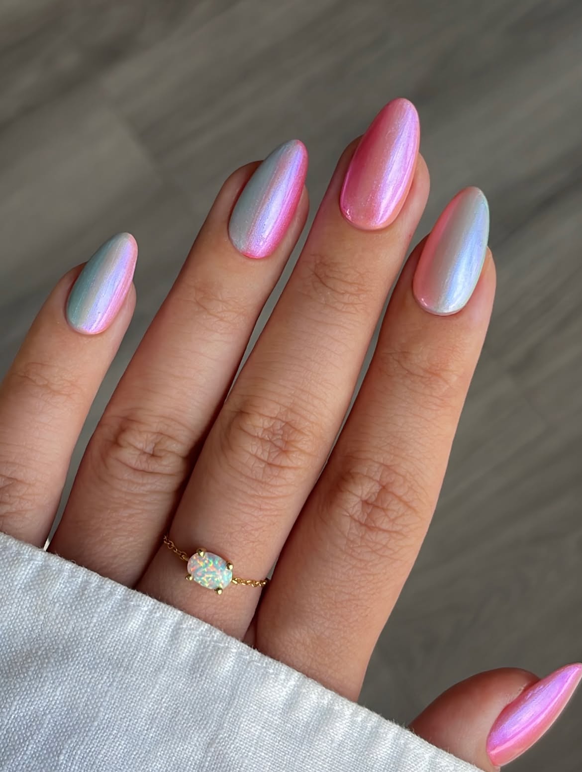 Iridescent Pink Blue Chrome Almond Nails