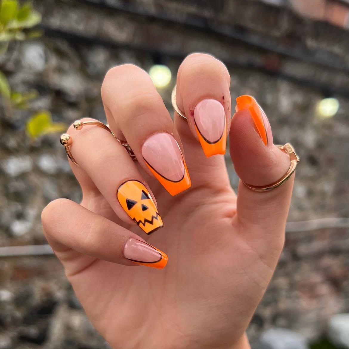 Jack-O-Lantern French Tip Coffin Nails