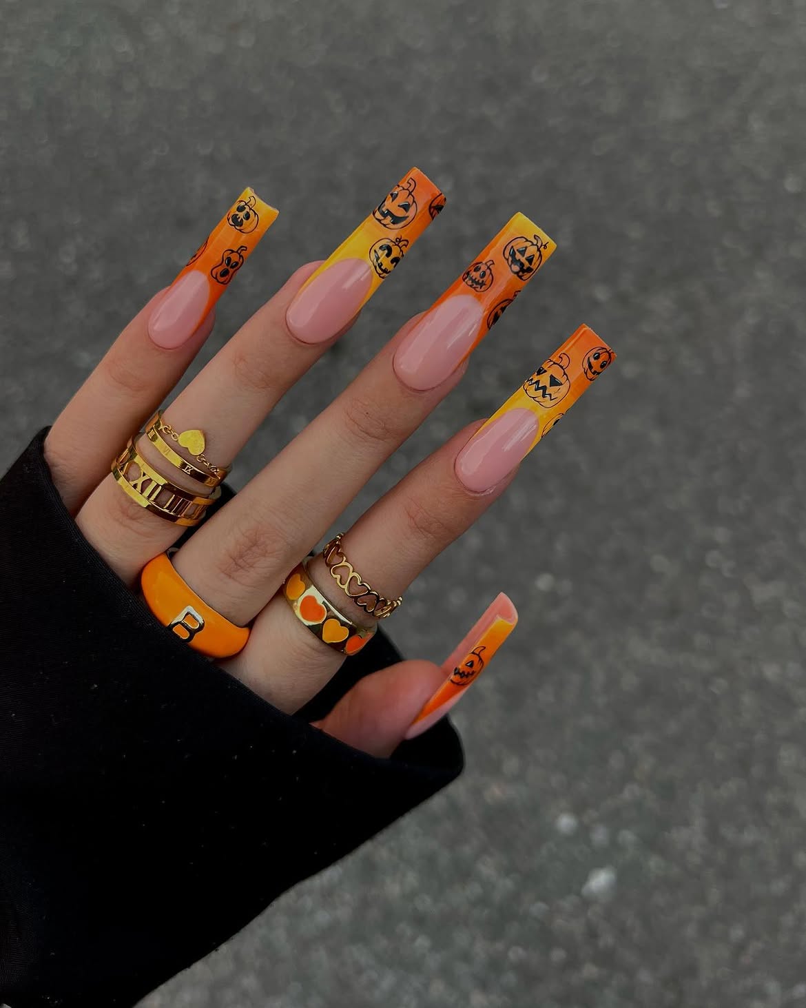 Jack-o'-lantern French Tip Coffin Nails