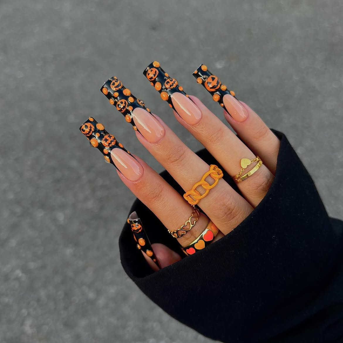 Jack-O'-Lantern French Tip Long Coffin Nails