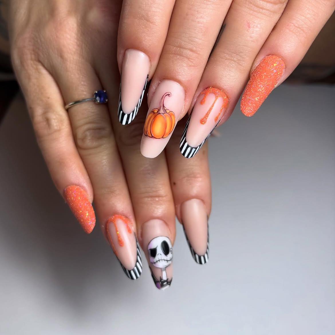 Jack Skellington Pumpkin French Tip Nails