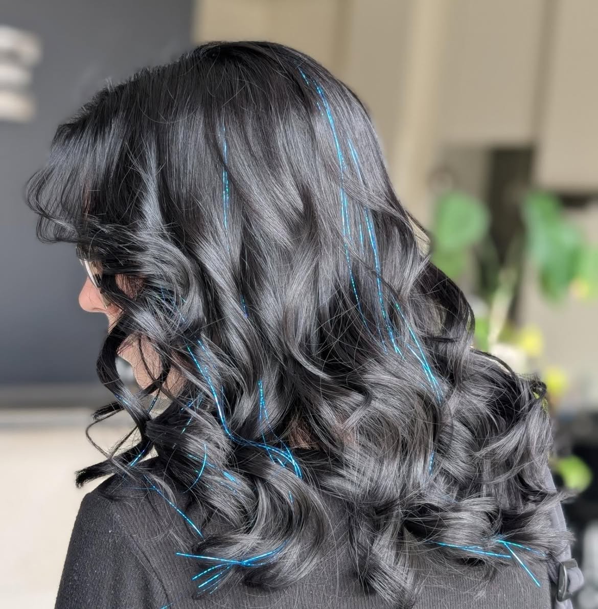 Jet Black Waves With Shimmering Blue Hair Tinsel