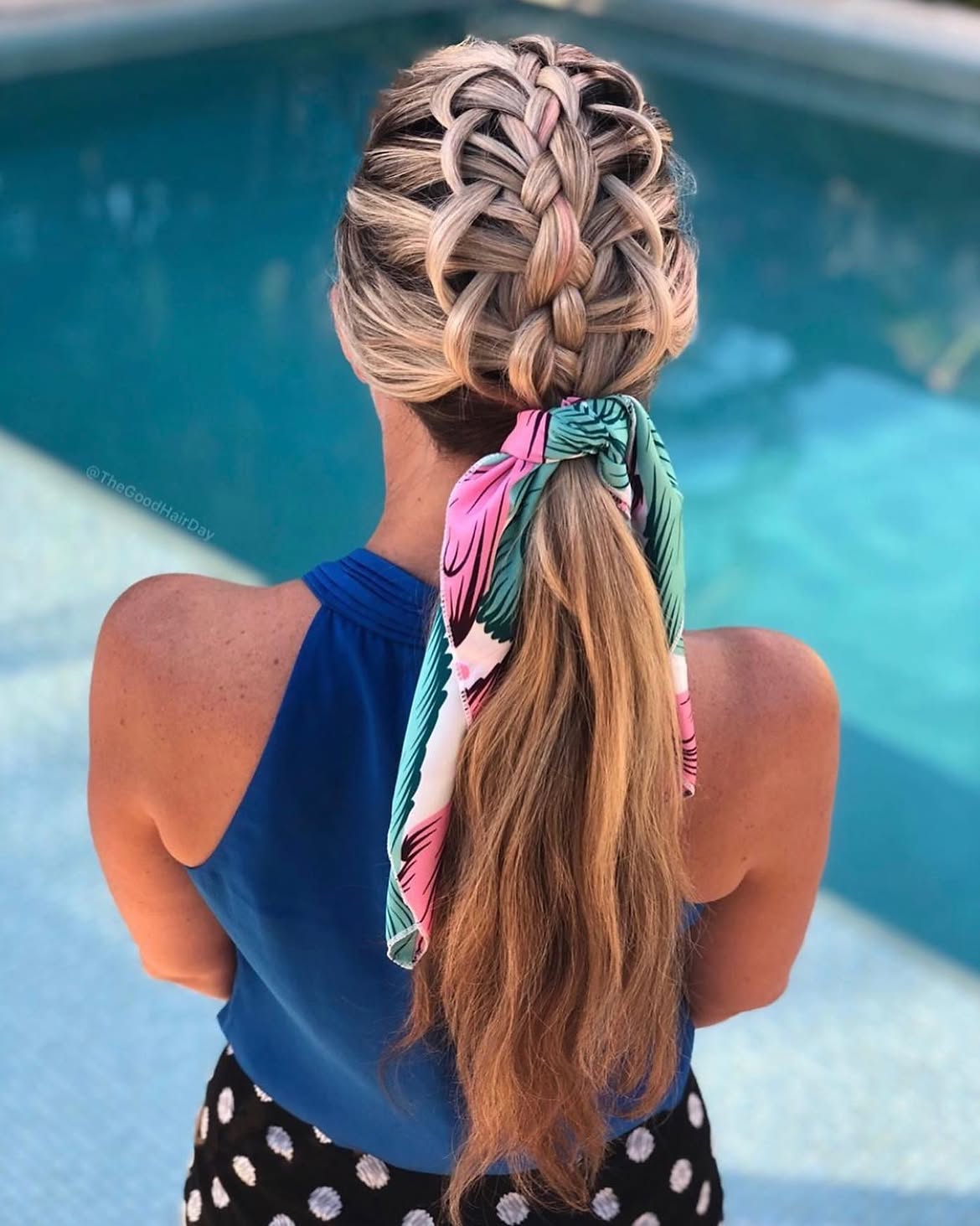 Lattice Braid Ponytail With Tropical Scarf Accessory