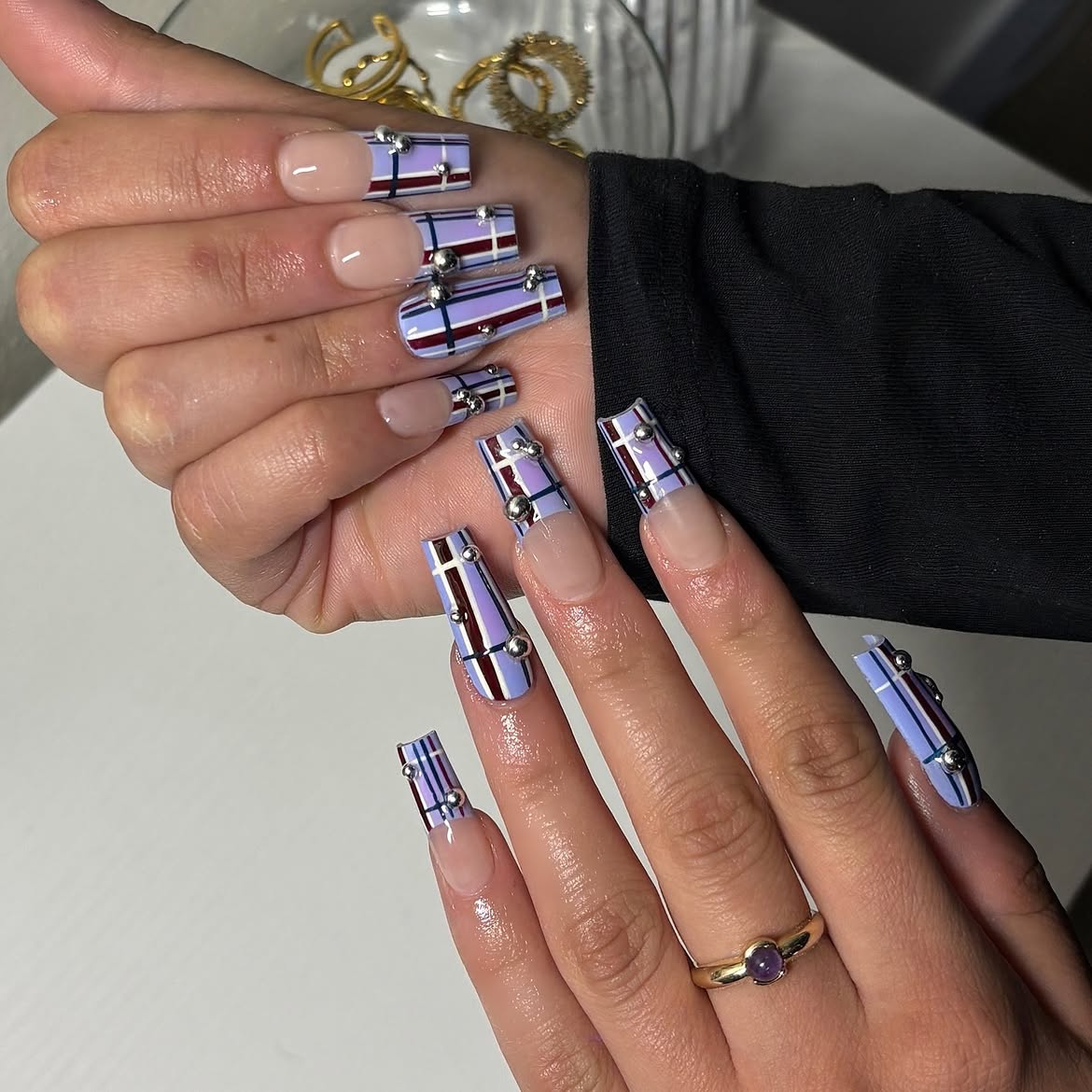 Lavender Plaid French Tip Coffin Nails with Silver Studs
