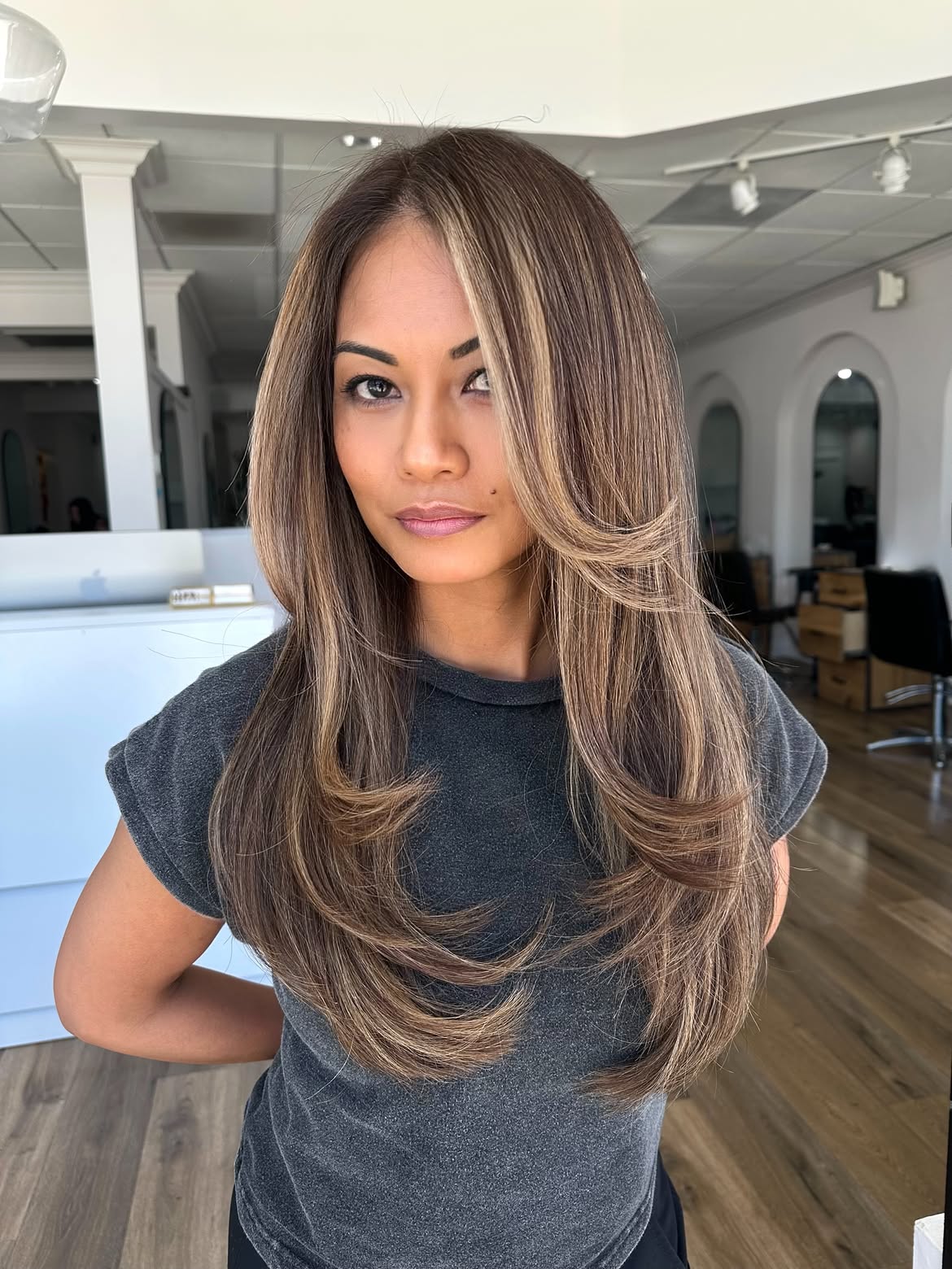 Layered Brunette With Honey Blonde Face Framing