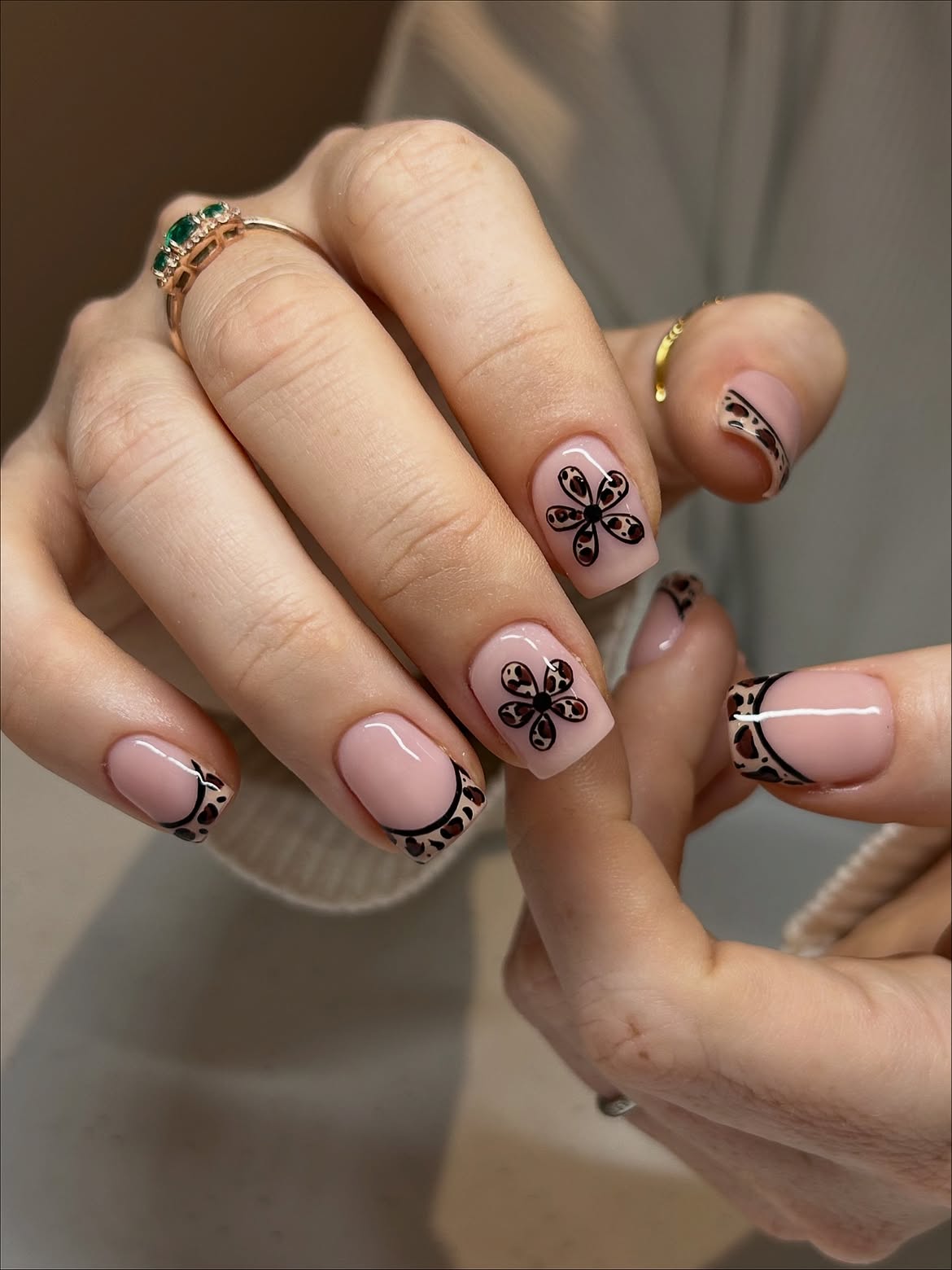 Leopard Flower French Tip Square Nails