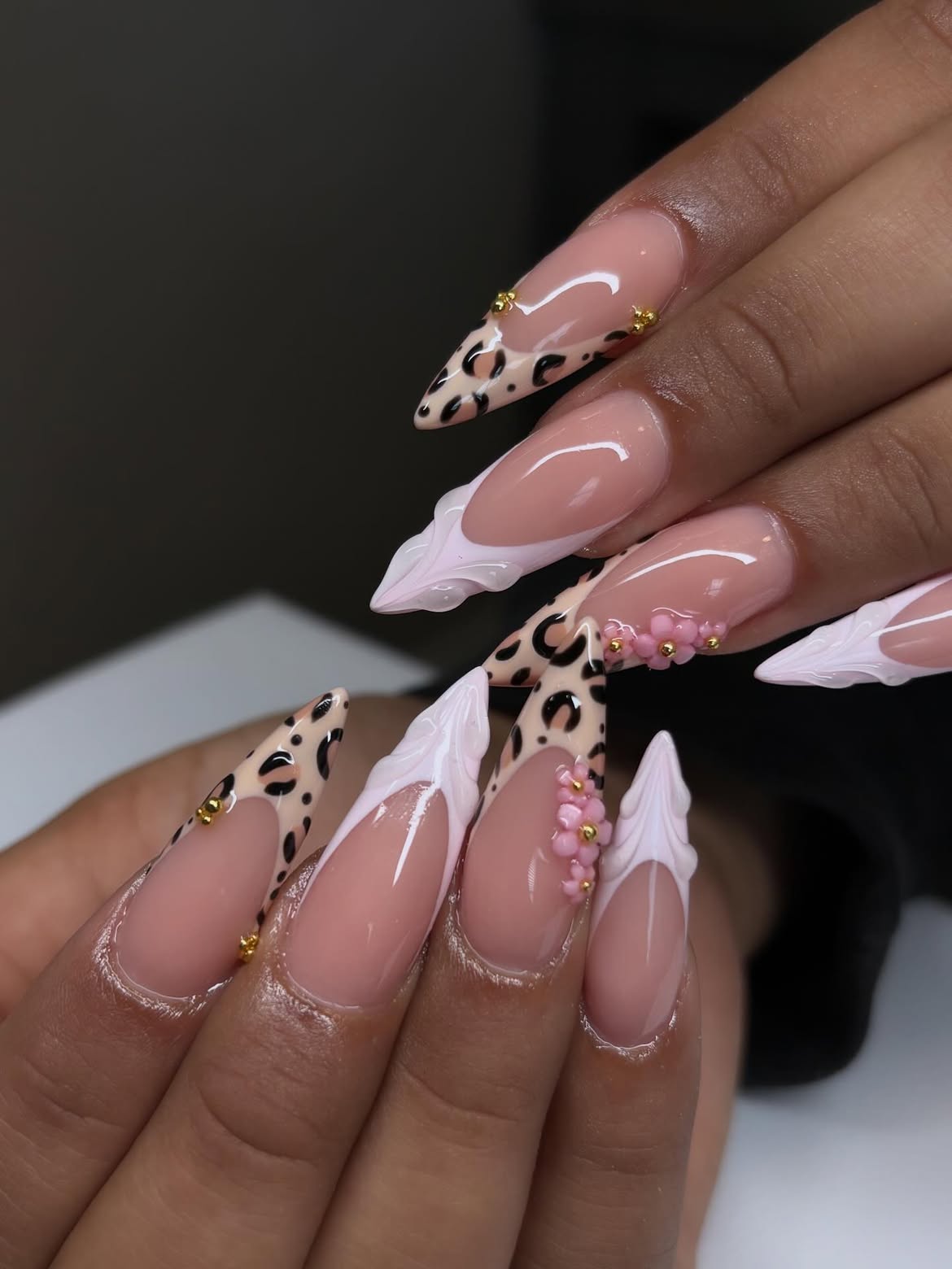 Leopard French Stiletto Nails with 3D Flowers
