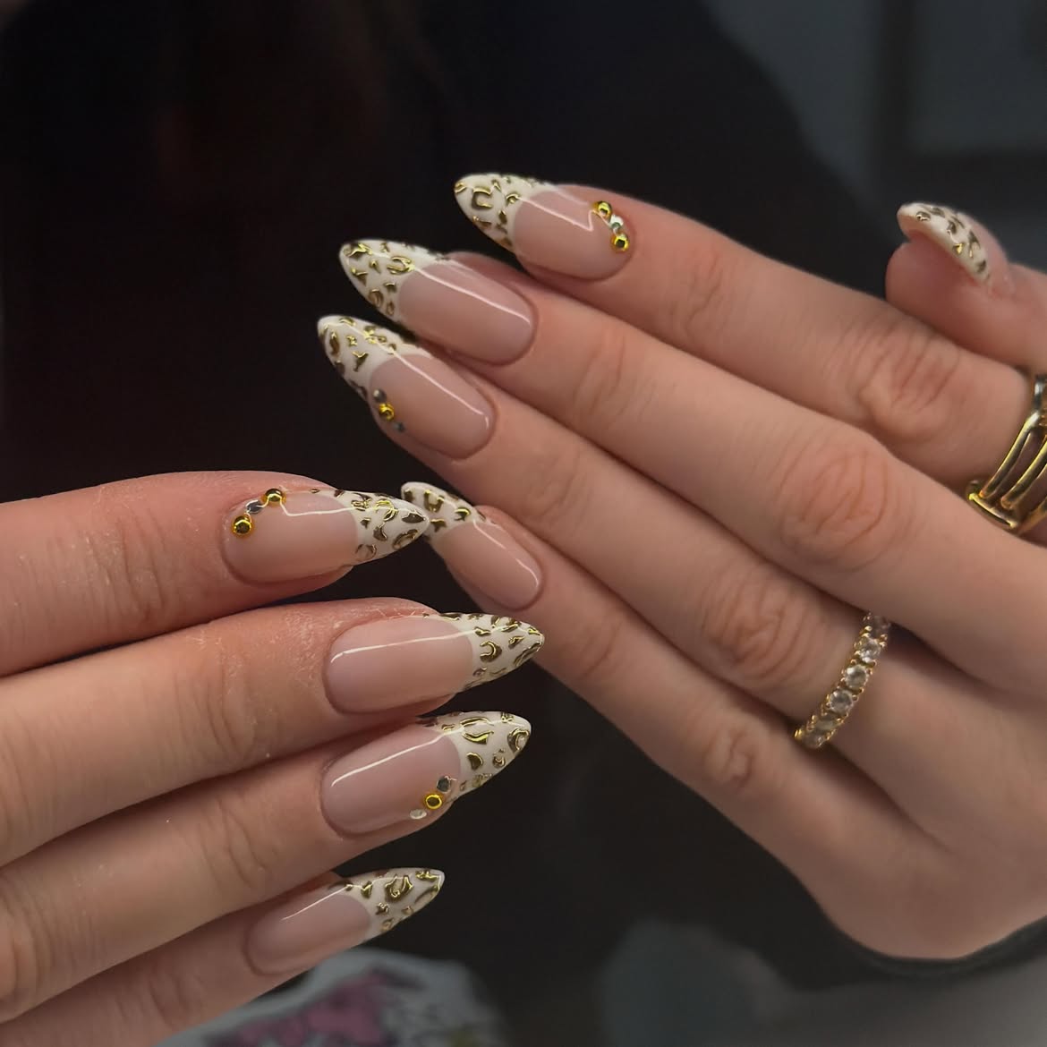 Leopard French Tip Almond Nails with Gold Studs