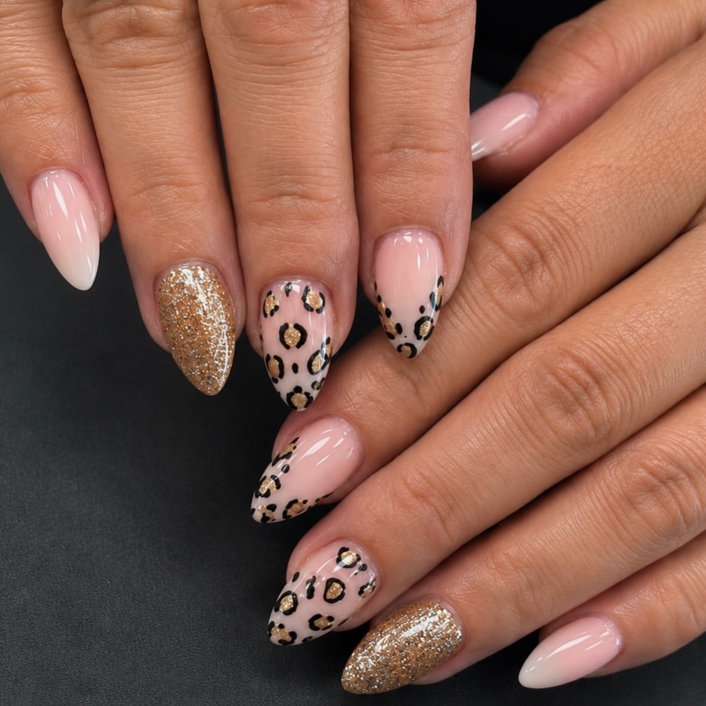 Leopard Print Almond French Ombre Nails