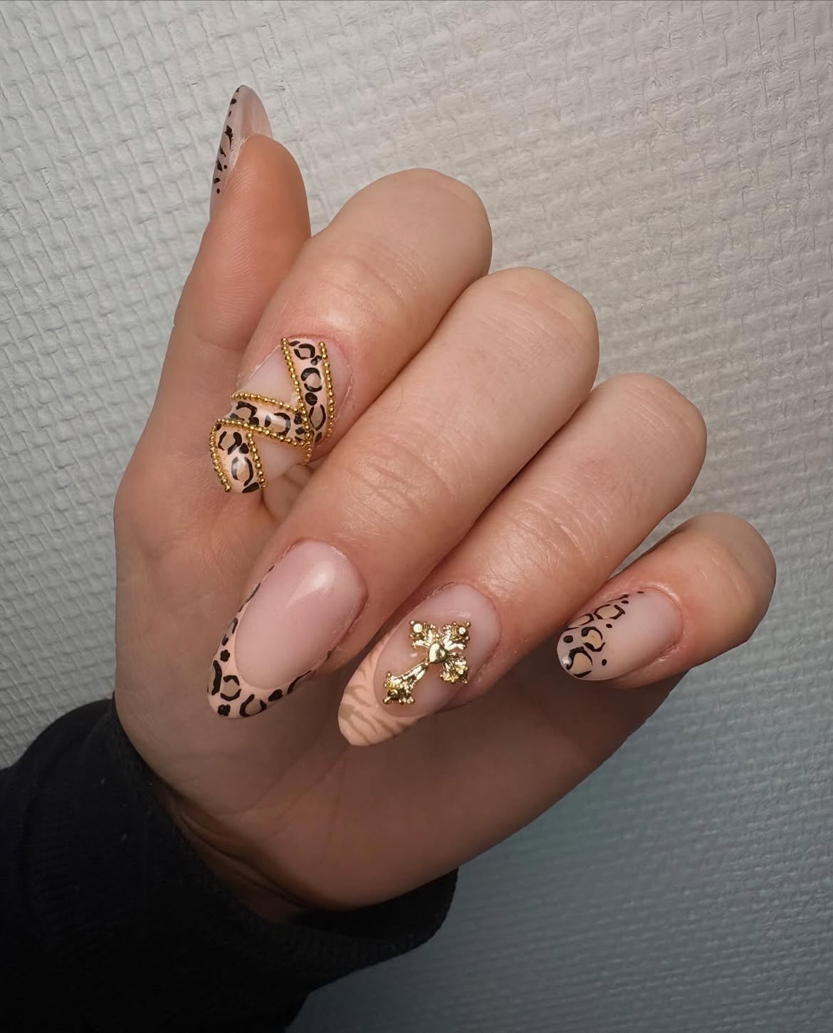 Leopard Print French Tip Almond Nails with Gold Charms
