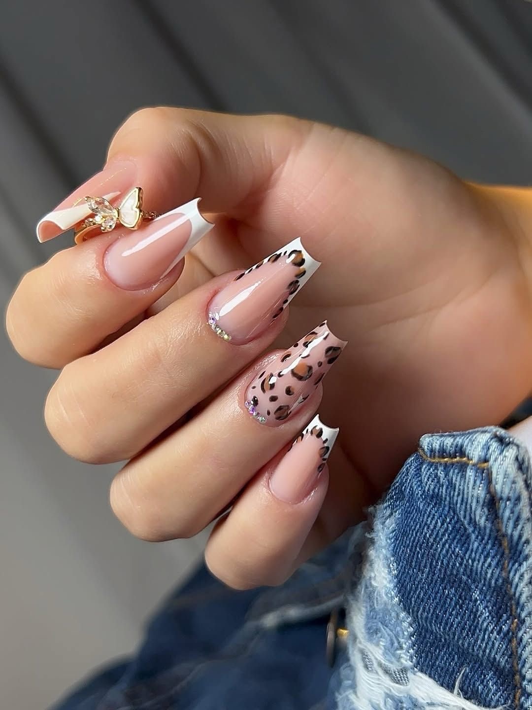 Leopard Print French Tip Coffin Nails with Butterfly Charm