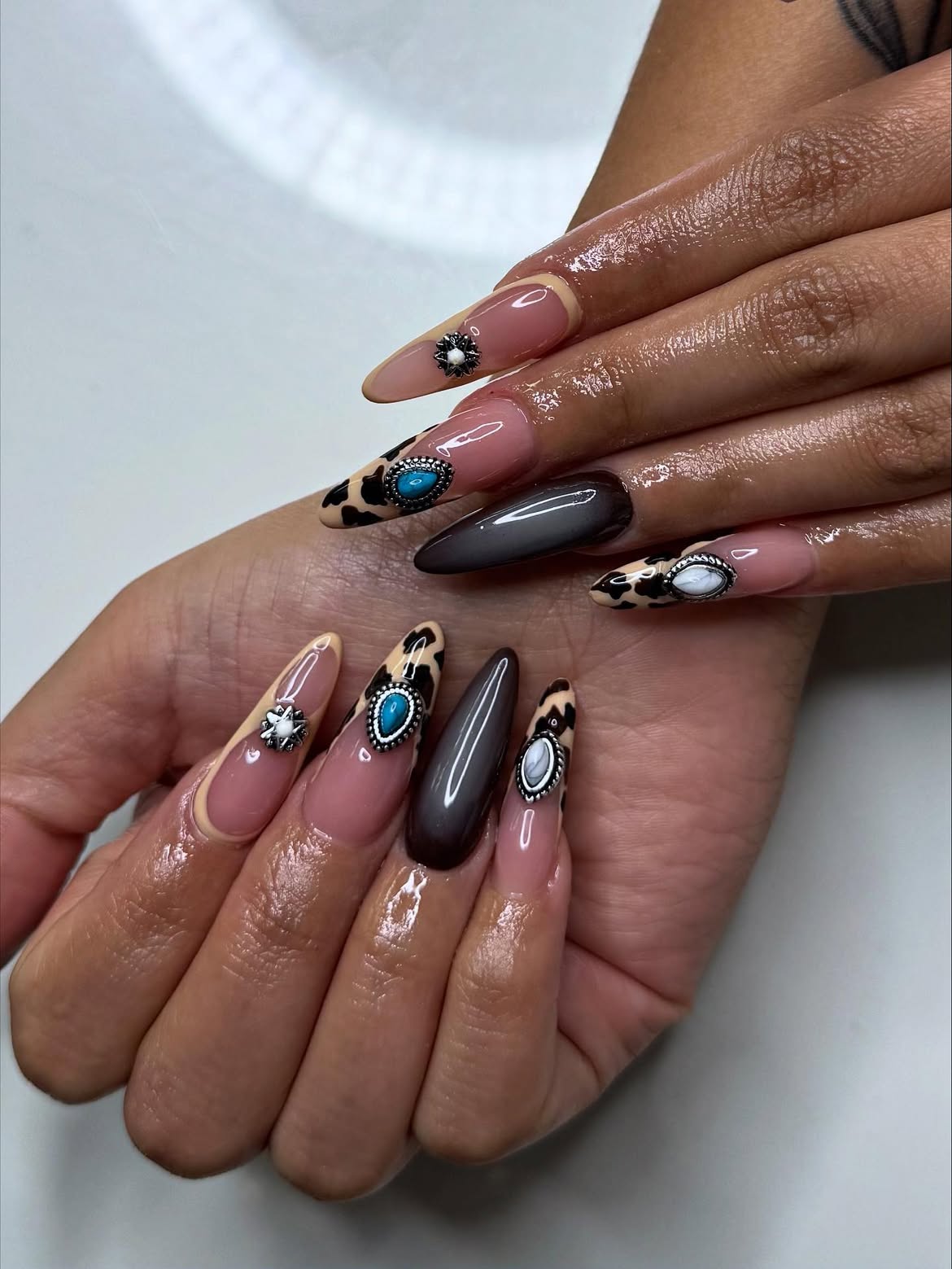 Leopard Print Ombre Western Gemstone Stiletto Nails