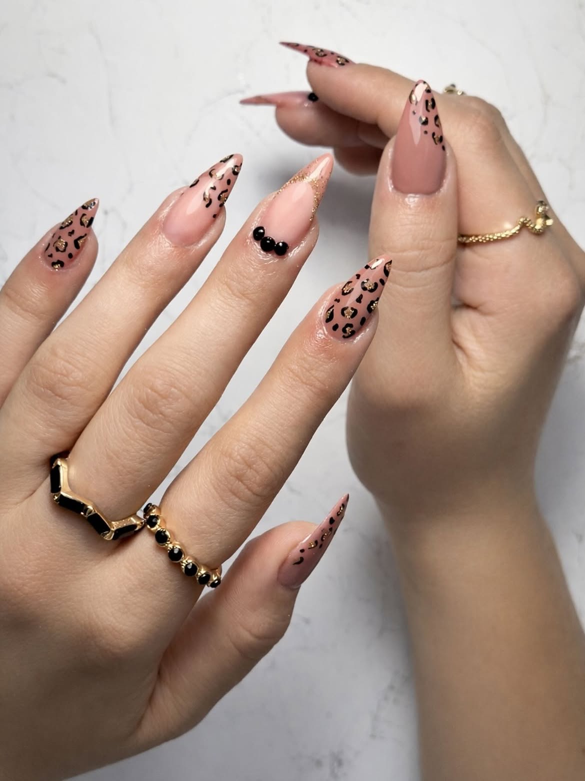 Leopard Print Stiletto Nails with Gold Glitter French