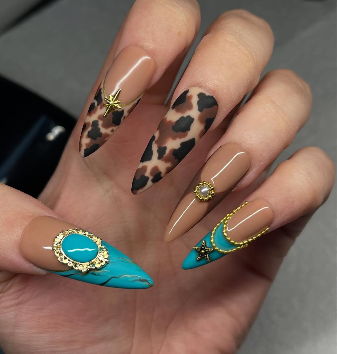 Leopard Print Turquoise Gem Stiletto Nails