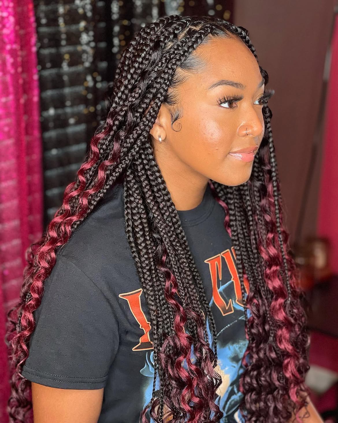 Long Box Braids With Deep Red Curly Ends
