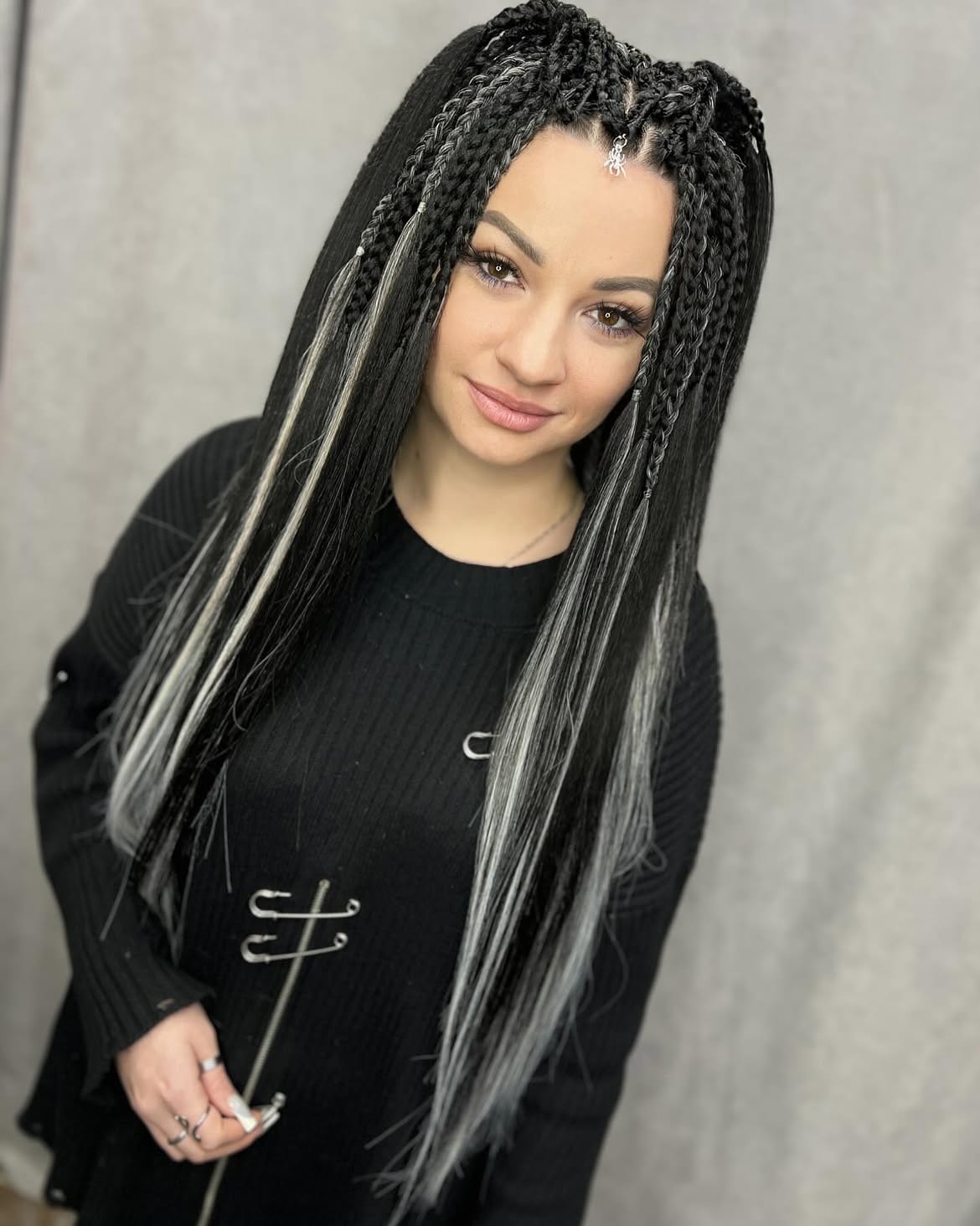 Long Braided Jet Black And Silver Highlights