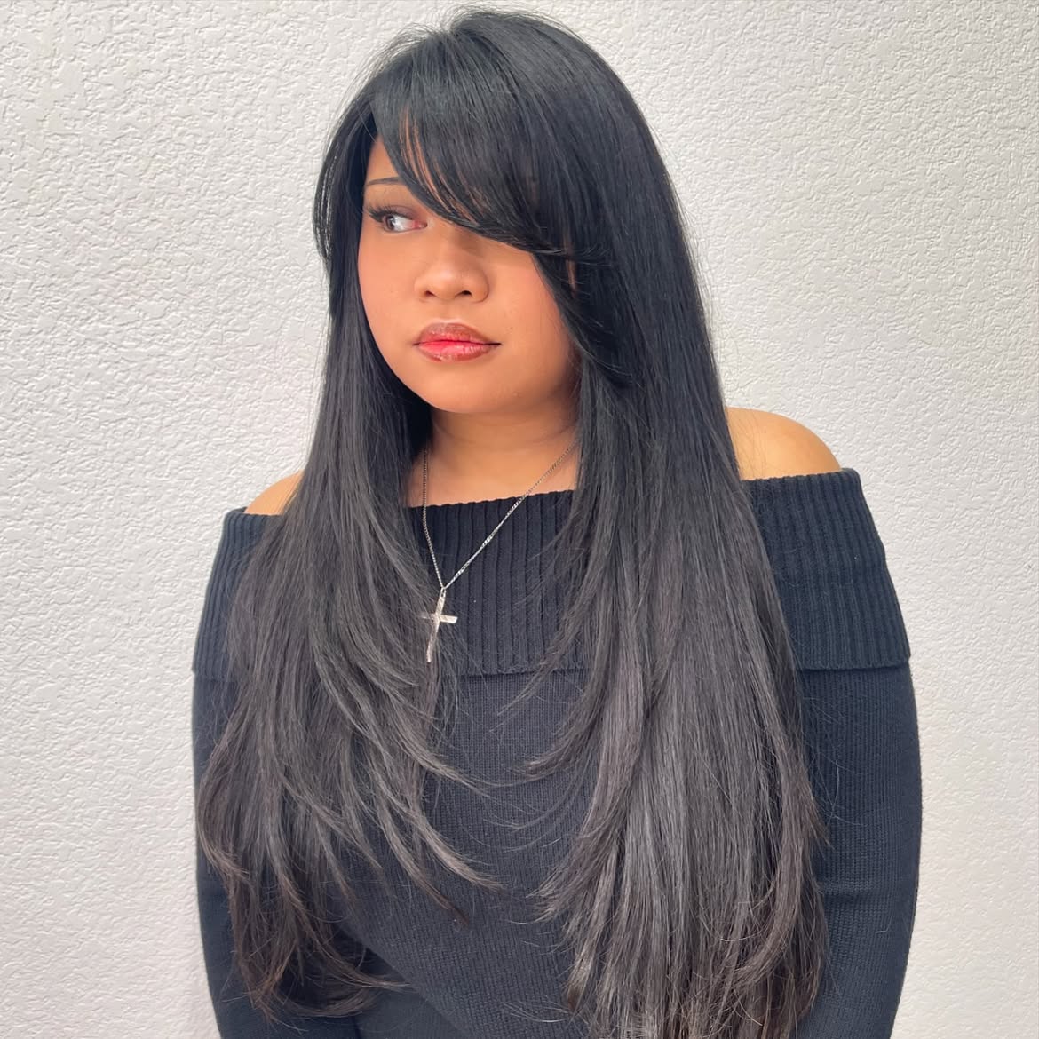 Long Layered Cut With Deep Side Swept Bangs