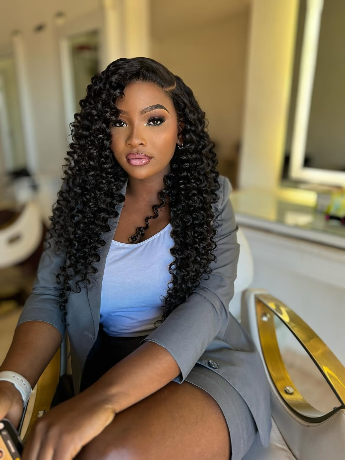 Long Voluminous Curly Jet Black Side Part