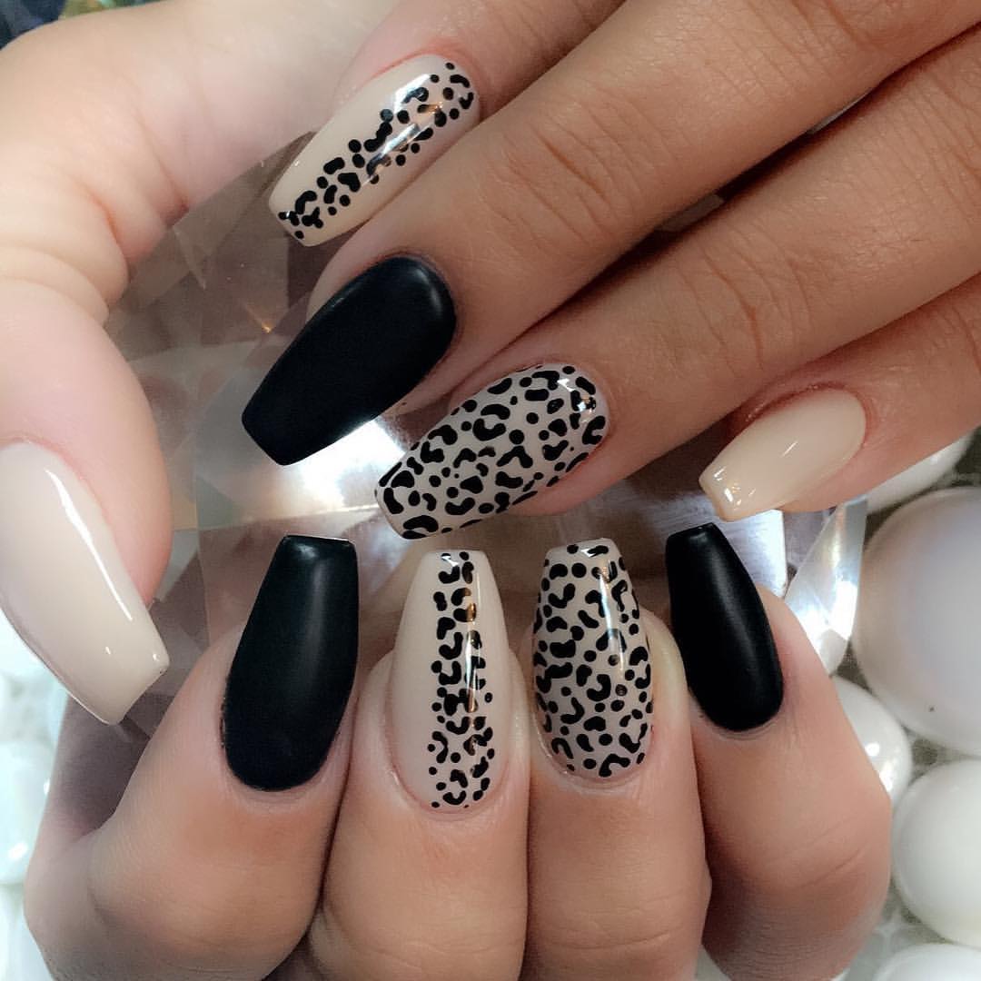 Matte Black and Cheetah Print Coffin Nails