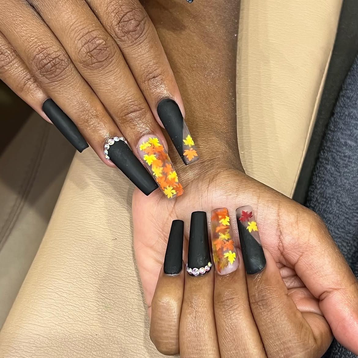 Matte Black Coffin Nails with Autumn Leaf Art