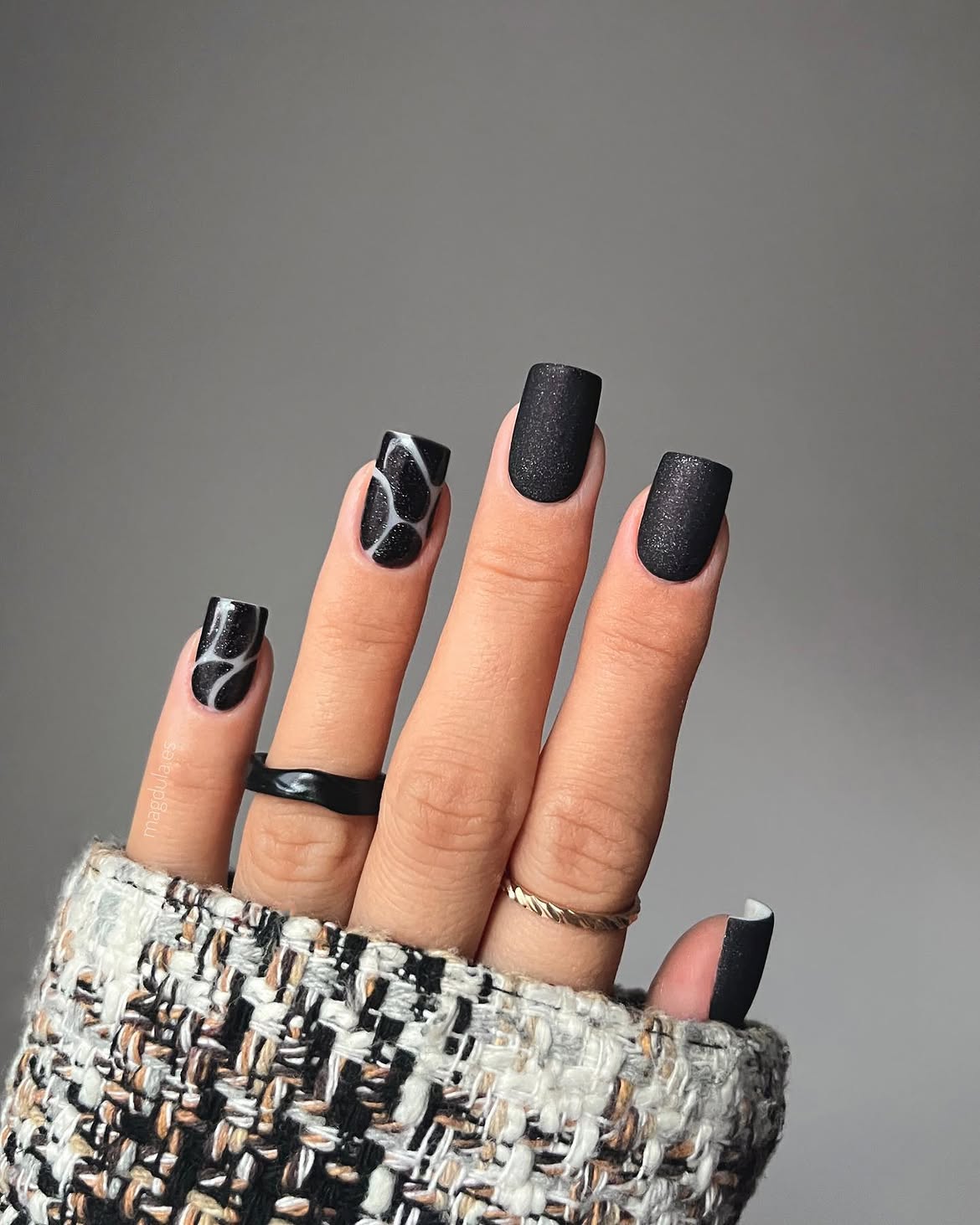 Matte Black Glitter Swirl Square Nails